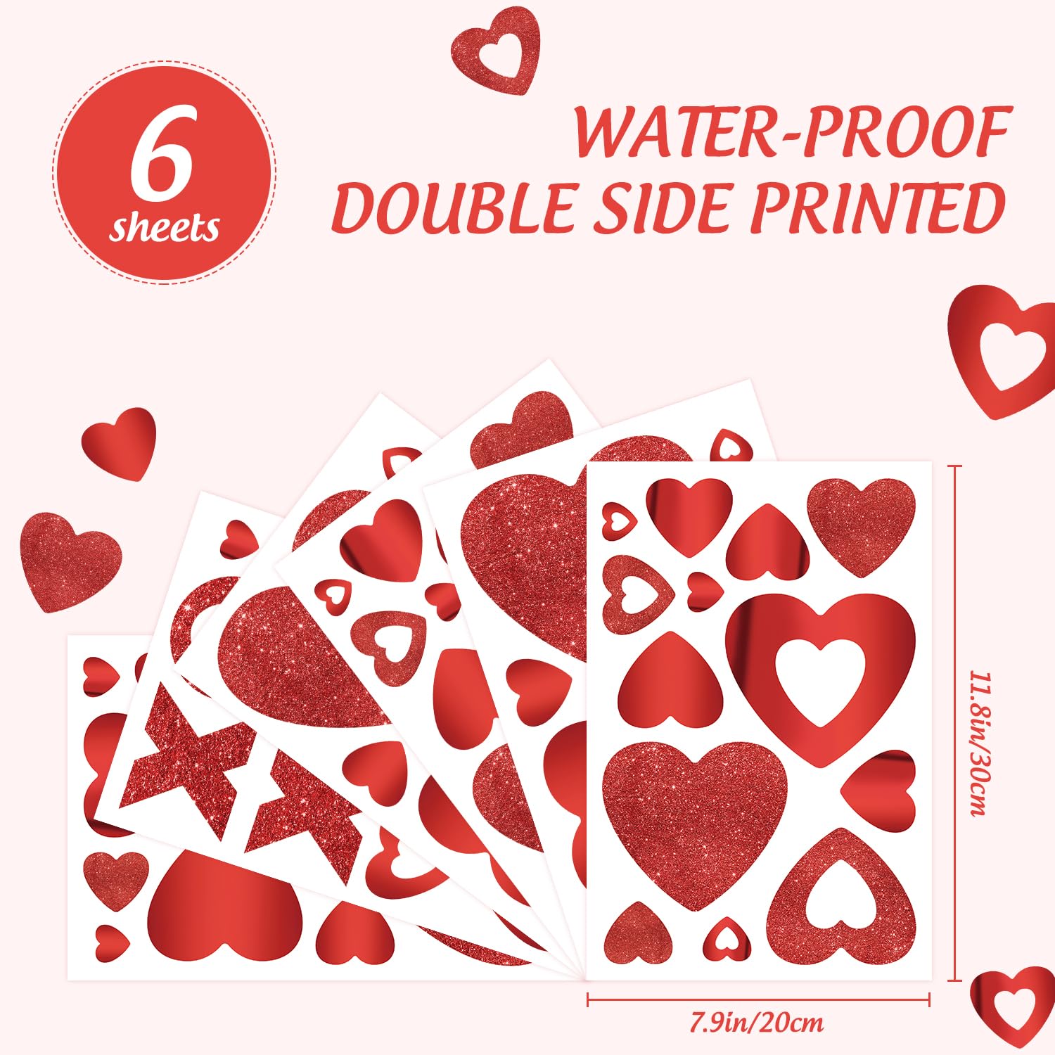 Quera Glitter Valentine's Day Heart Window Decals XOXO Double-Sided Love Stickers Red PVC for Home Wedding Anniversary Party Supplies Glass Display Decoration, 6 S