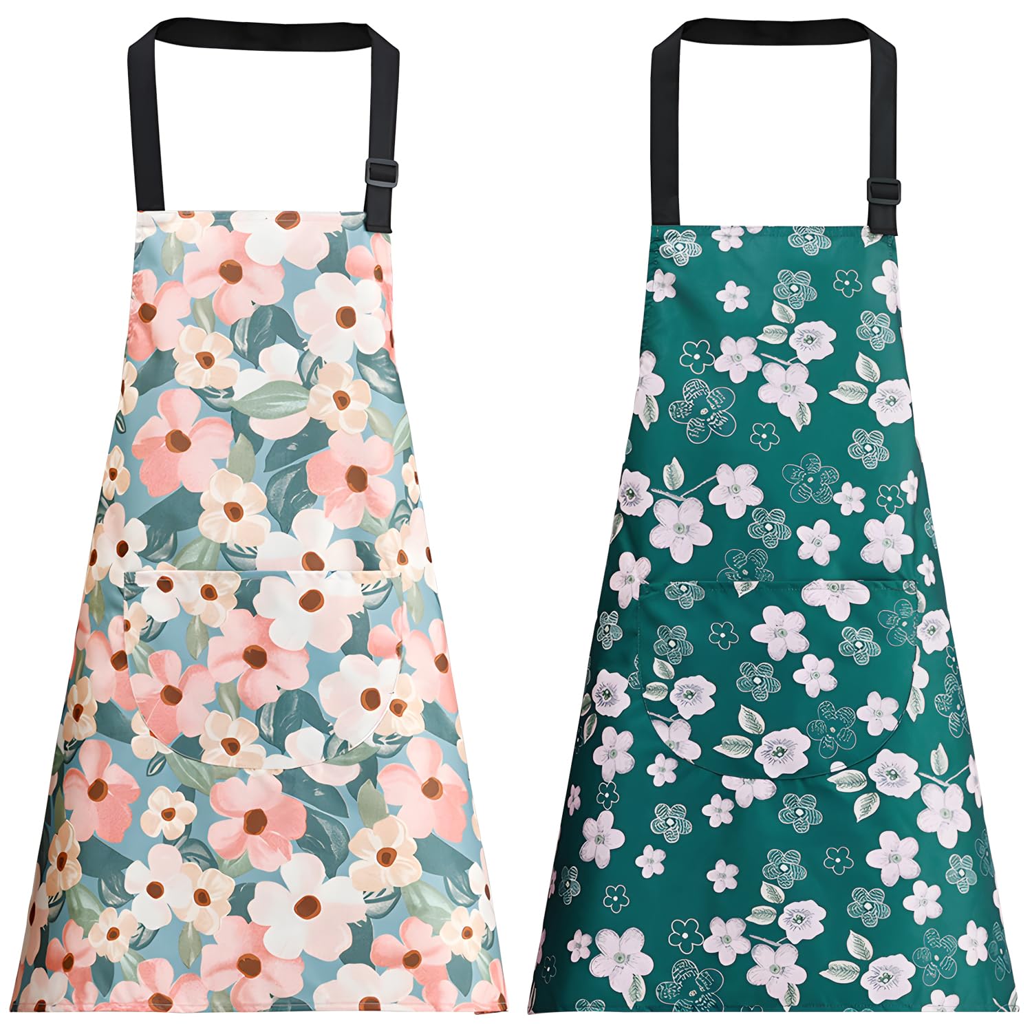 OWill 2 Piezas Delantal Cocina Mujer, Paquetes de Delantales Florales con Banda Para el Cuello Ajustable e Impermeable y Bolsillos para Mujeres, Hombre y Pareja, 67 * 71cm