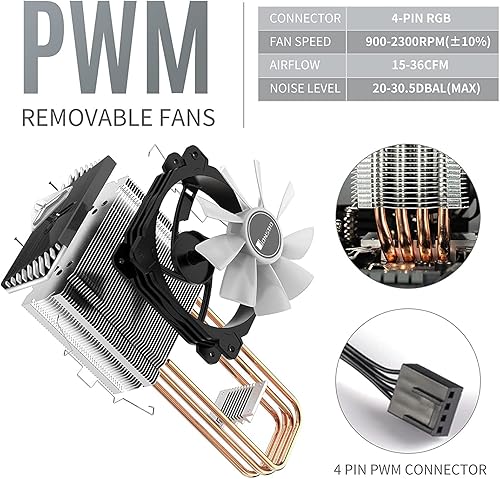 Miniatura 6 de JONSBO Enfriador de aire de CPU CR1400 RGB, enfriador de CPU PWM de 3.622 in con 4 tubos de calor, ventiladores de PC de computadora extraíbles