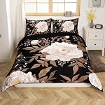 Feelyou Kids Adult Vintage Floral Bedding Set Queen Size，Black Duvet Cover Flower Gold Leaf Plant Pattern Comforter Cover Microfiber Bedspread Cover for Bedroom Decor,No Comforter