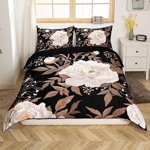 Feelyou Kids Adult Vintage Floral Bedding Set Queen Size，Black Duvet Cover Flower Gold Leaf Plant Pattern Comforter Cover Microfiber Bedspread Cover for Bedroom Decor,No Comforter