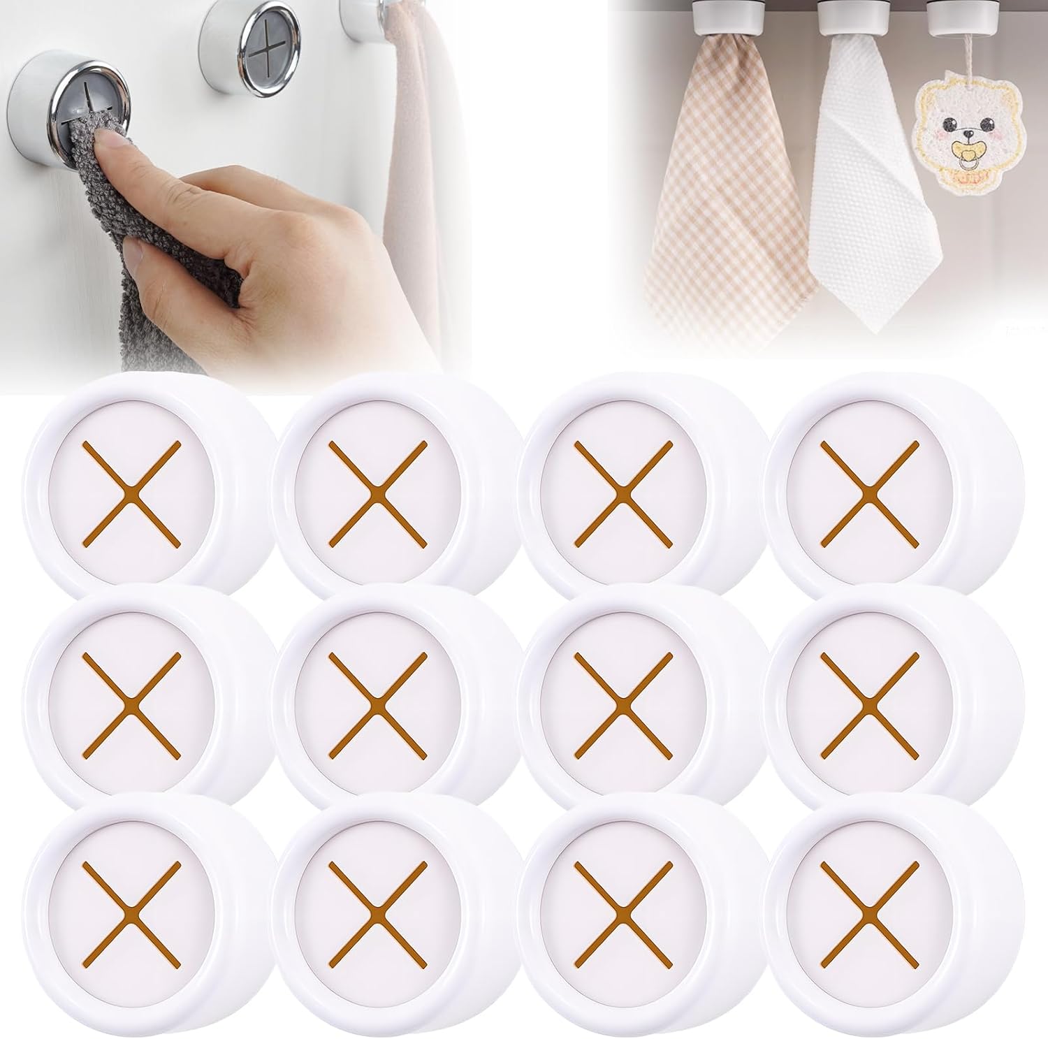ROWPOZ Round Adhesive Push Towel Hooks for Kitchen, Towel Hooks Self-Adhesive Towel Hanger, Kitchen Essentials Bathroom Accessories for Bathroom, Shower, Home, No Drilling Required (12, B)