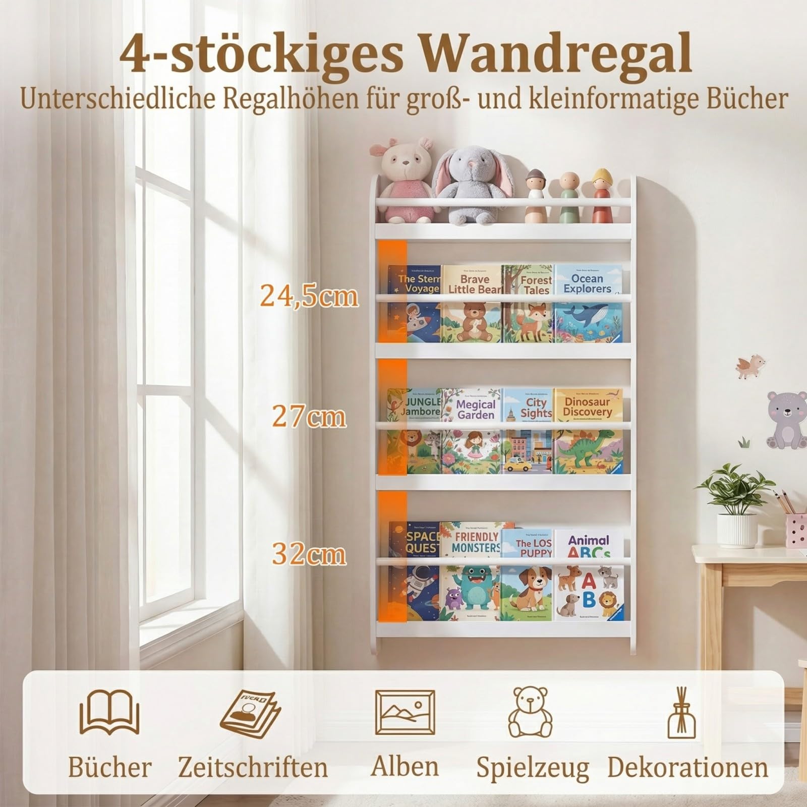 COSTWAY Bücherregal für Kinder, Kinderregal mit 4 Ablagen, Wandregal aus Holz für Spielzeug & Bücher, schmales Montessori Aufbewahrungsregal für Kinderzimmer, Leseecke, 56 x 12 x 107 cm (Weiß)