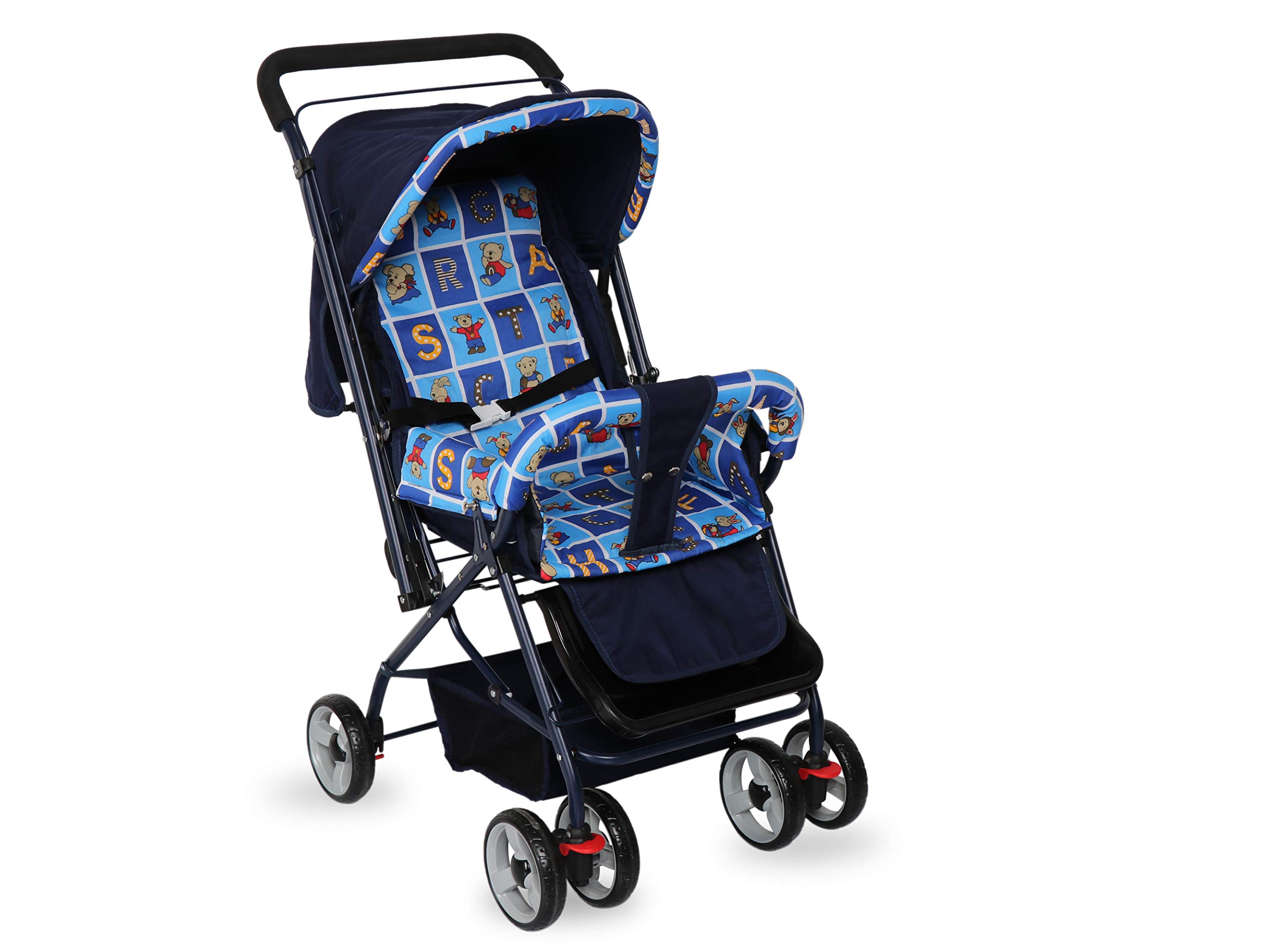 Infanto Dyna Pram With 3 position Seat | Reversible handle Stroller | Lockable swivel wheels with suspension | Shoping Basket ( Blue )-image-3