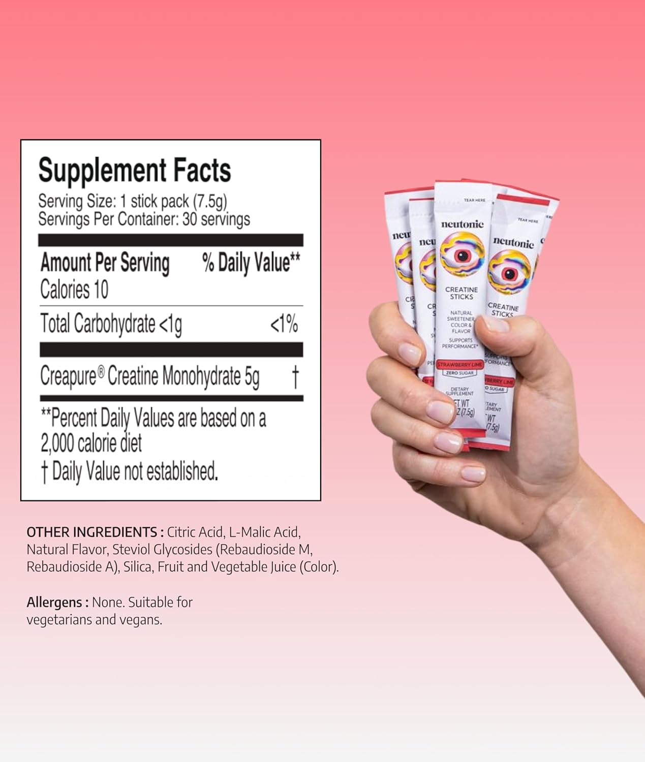 Neutonic Creatine Monohydrate | Strawberry Lime Flavored | Premium Micronized Creapure Creatine Powder | Supports Strength and Power | Zero Sugar, Vegan | Convenient Single-Serve Packets | 30 Sticks - Image 7