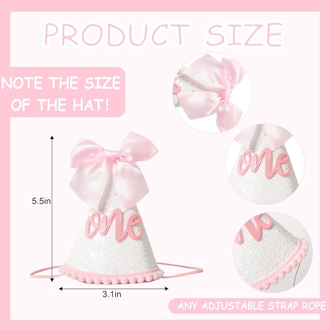 Sombrero de cumpleaños KOJIN con lazo rosa para 1 año miniatura 2