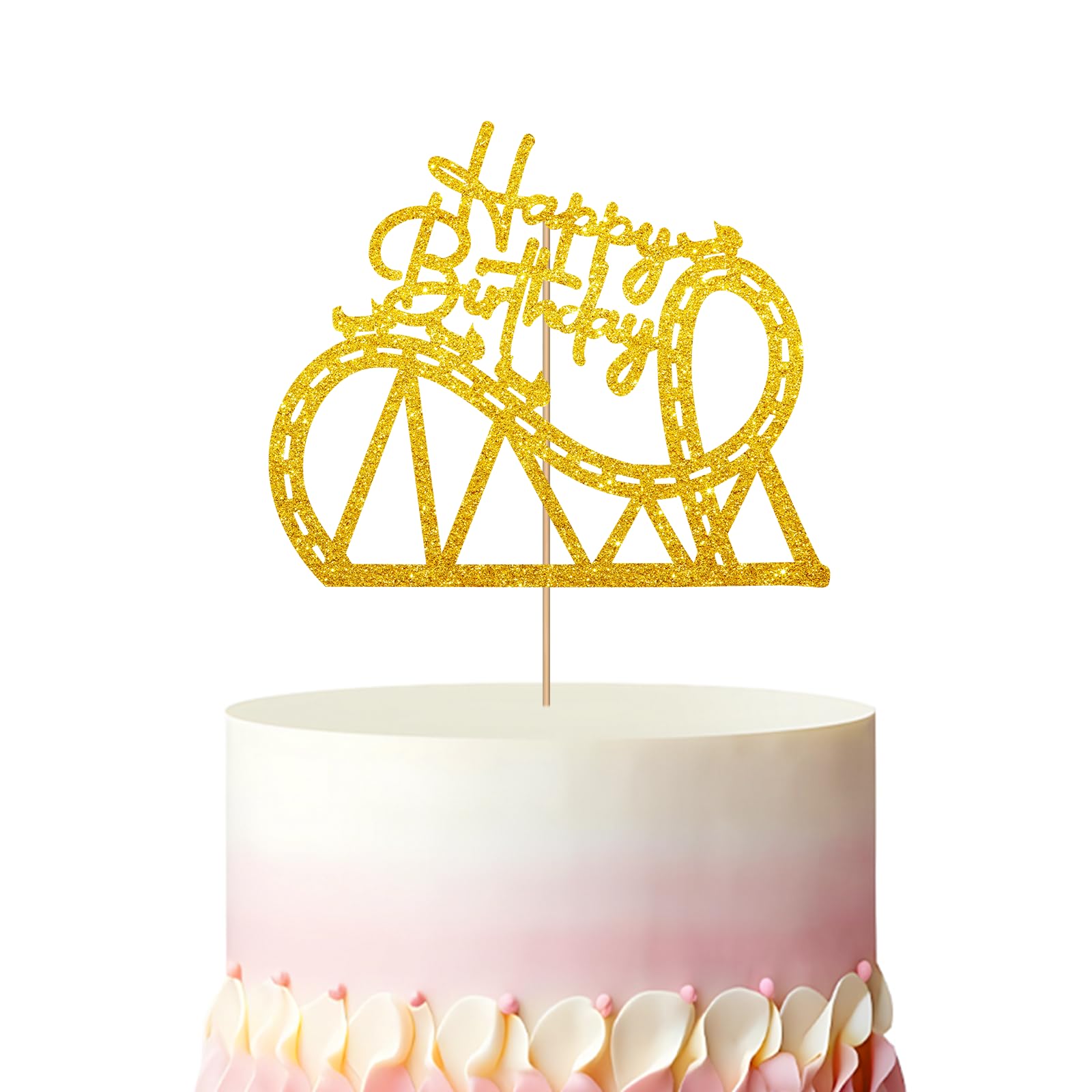 Roller Coaster Happy Birthday Cake Topper, Circus Birthday Cake Decor, Gold Glitter Amusement Park Cake Topper for Kids, Carnival Themed Party Decoration