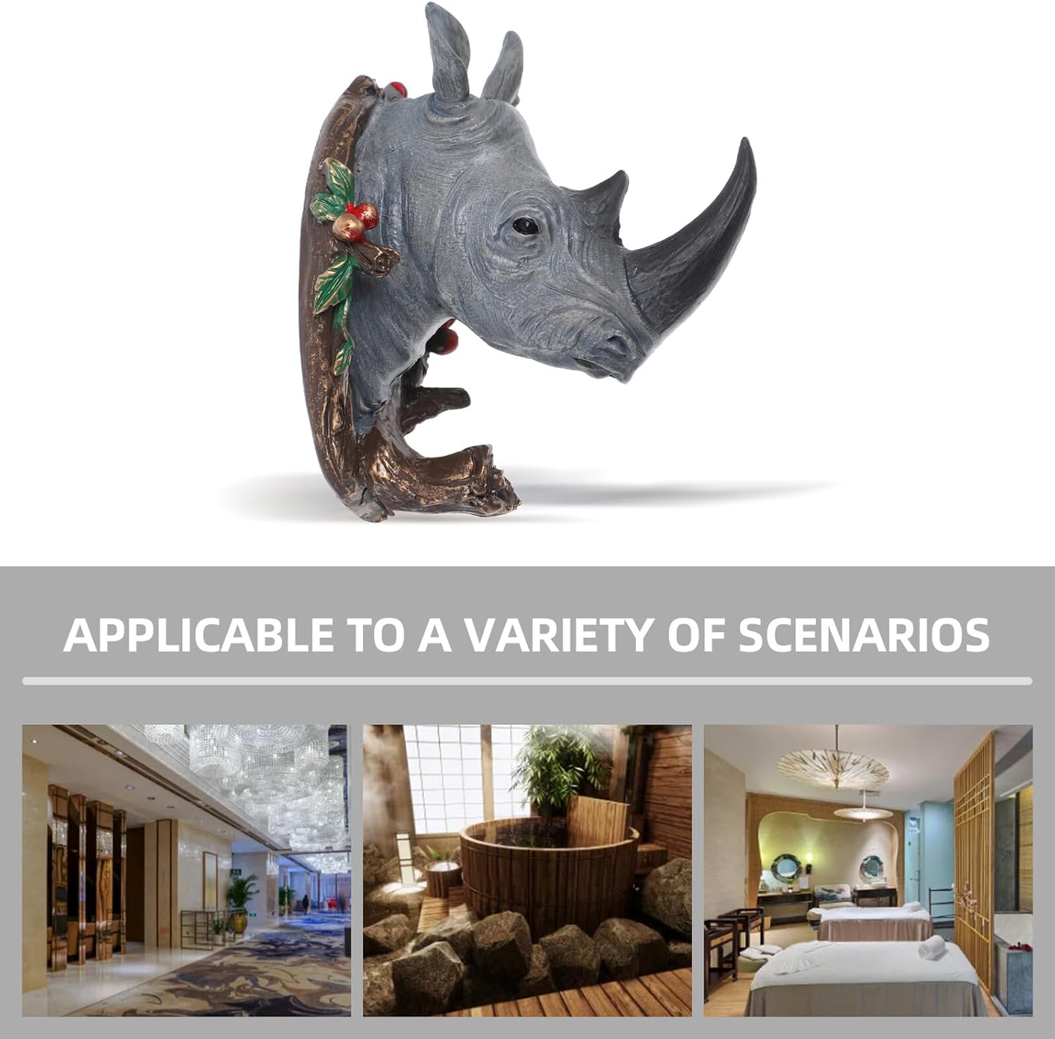 VICASKY Rhino Head Wall Mount Hook Resin Animal Head Towel Holder Purse and Backpack Hooks Vintage Rustic Coat Hangers for Bathroom Entryway Organization