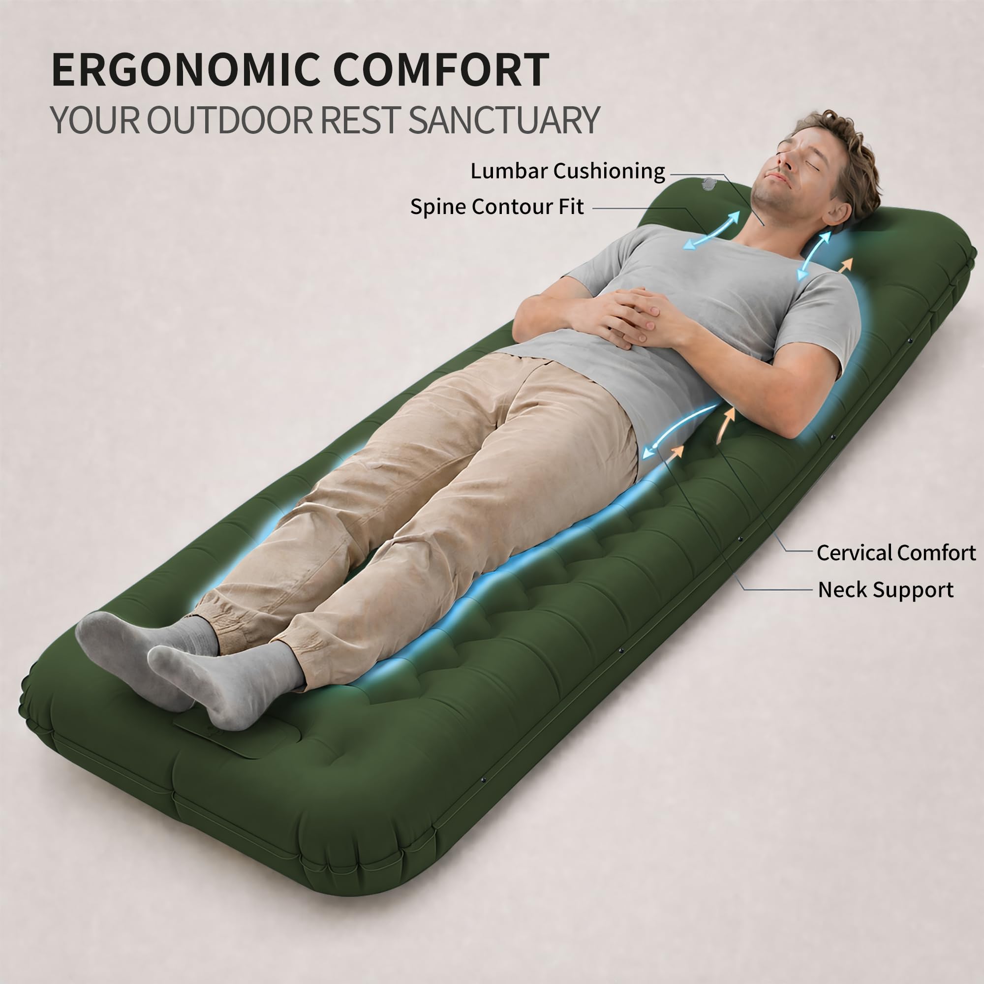 Colchón Hinchable Extra Grueso y Extra Ancho, Colchón de Camping con Bomba de Pie, Ligero y Duradero para Outdoor Camping (Verde Militar)