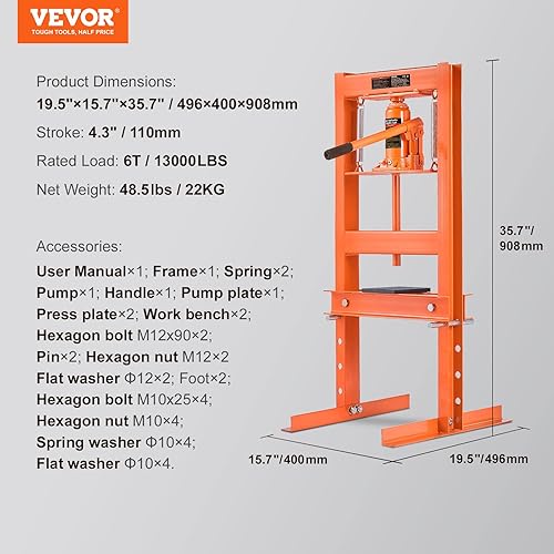 Miniatura 7 de VEVOR Hydraulic - Prensa ajustable para piso de garaje con marco en H de 6 toneladas, 6T, naranja