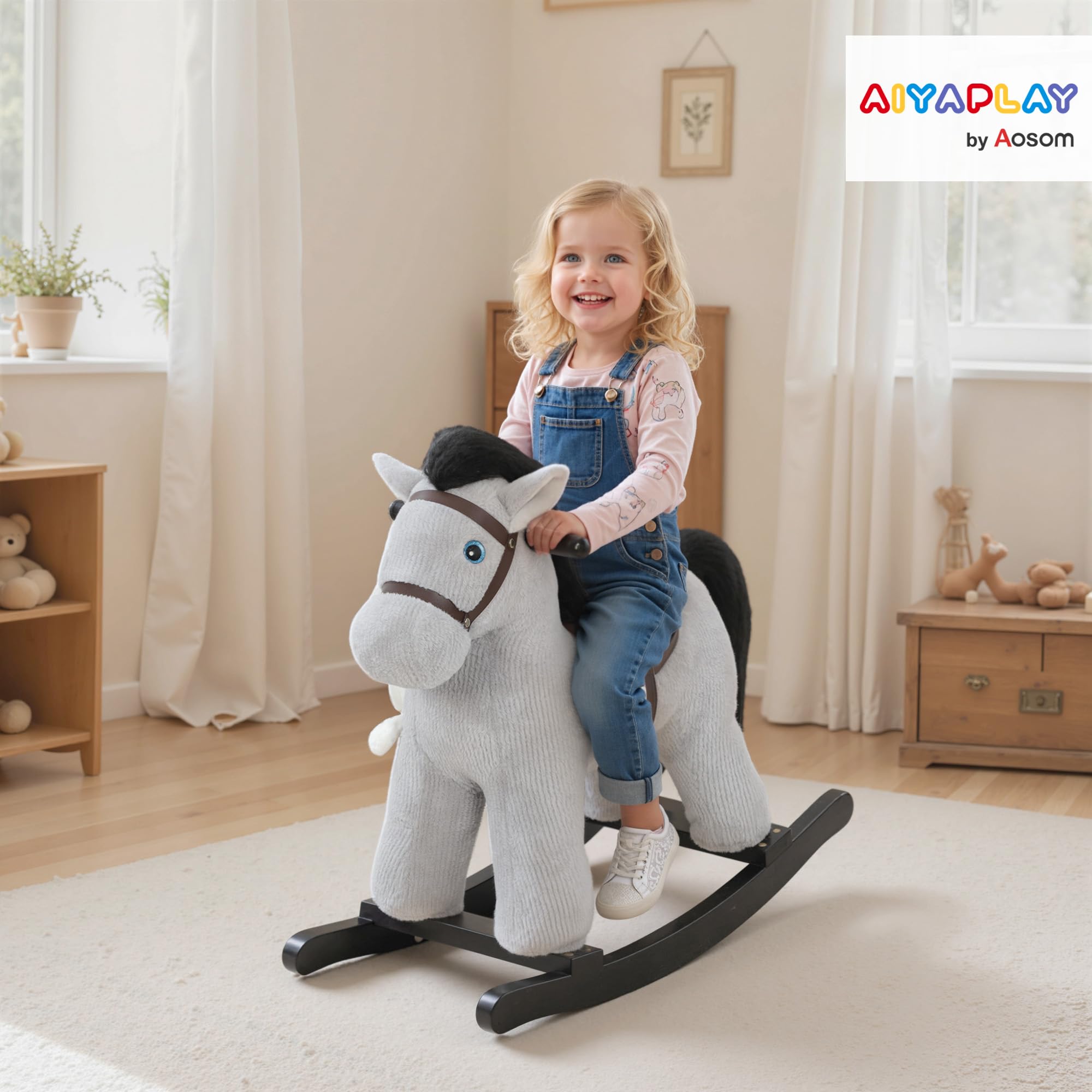 AIYAPLAY - Caballo mecedor para niños con efecto de sonido, juguete para bebé de peluche, muñeca y asa, regalo para niñas y niños de 2 a 5 años, color gris