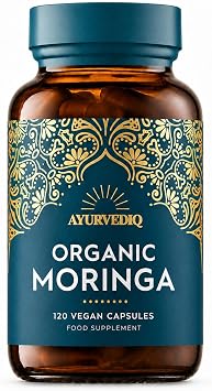 Organic Moringa Capsules 500mg, 120 High Strength Moringa Powder Capsules   Soil Association Certified Moringa Oleifera Powder - Vegan Ayurvedic Products