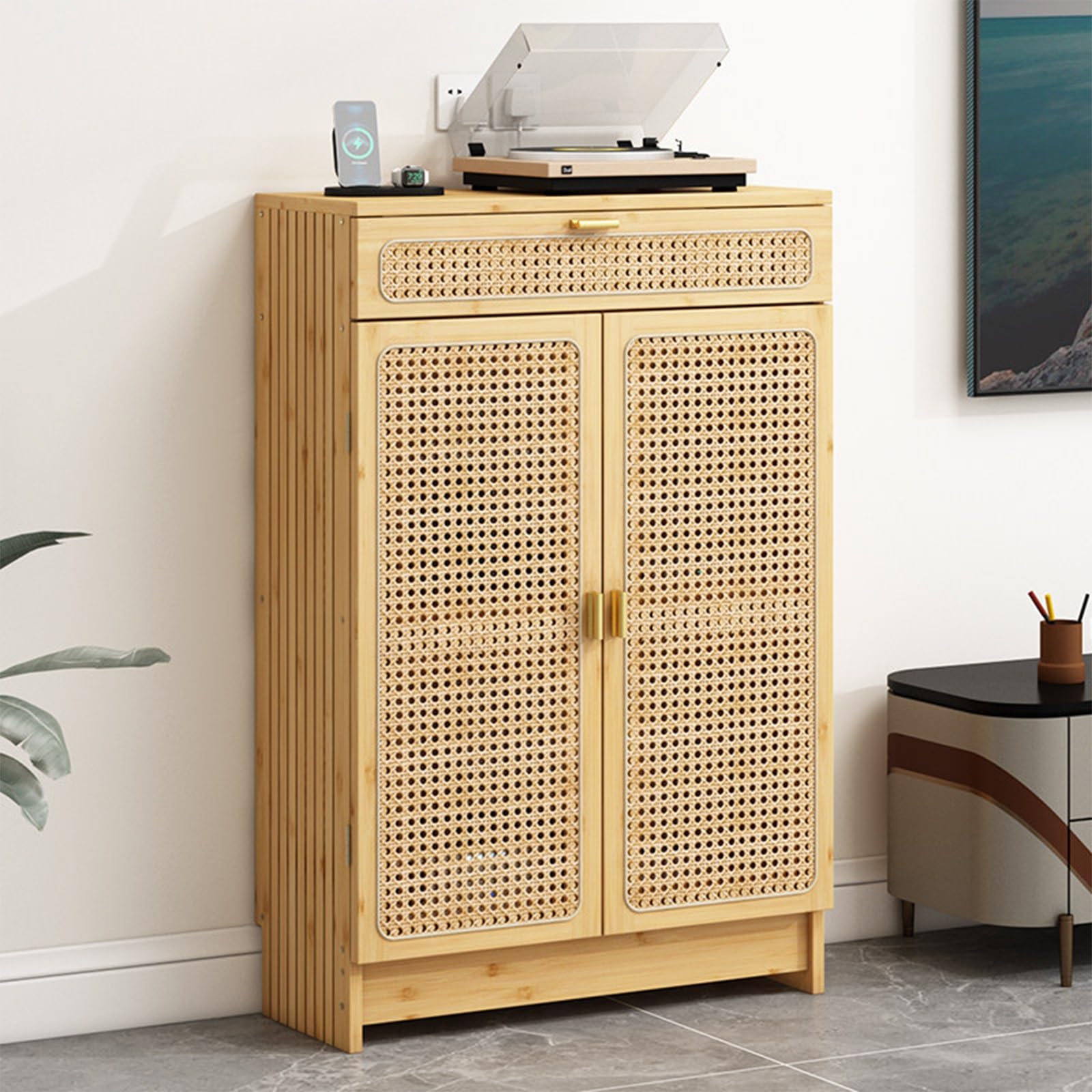 Mueble de almacenamiento para router WiFi en el salón con organizador de cables moderno