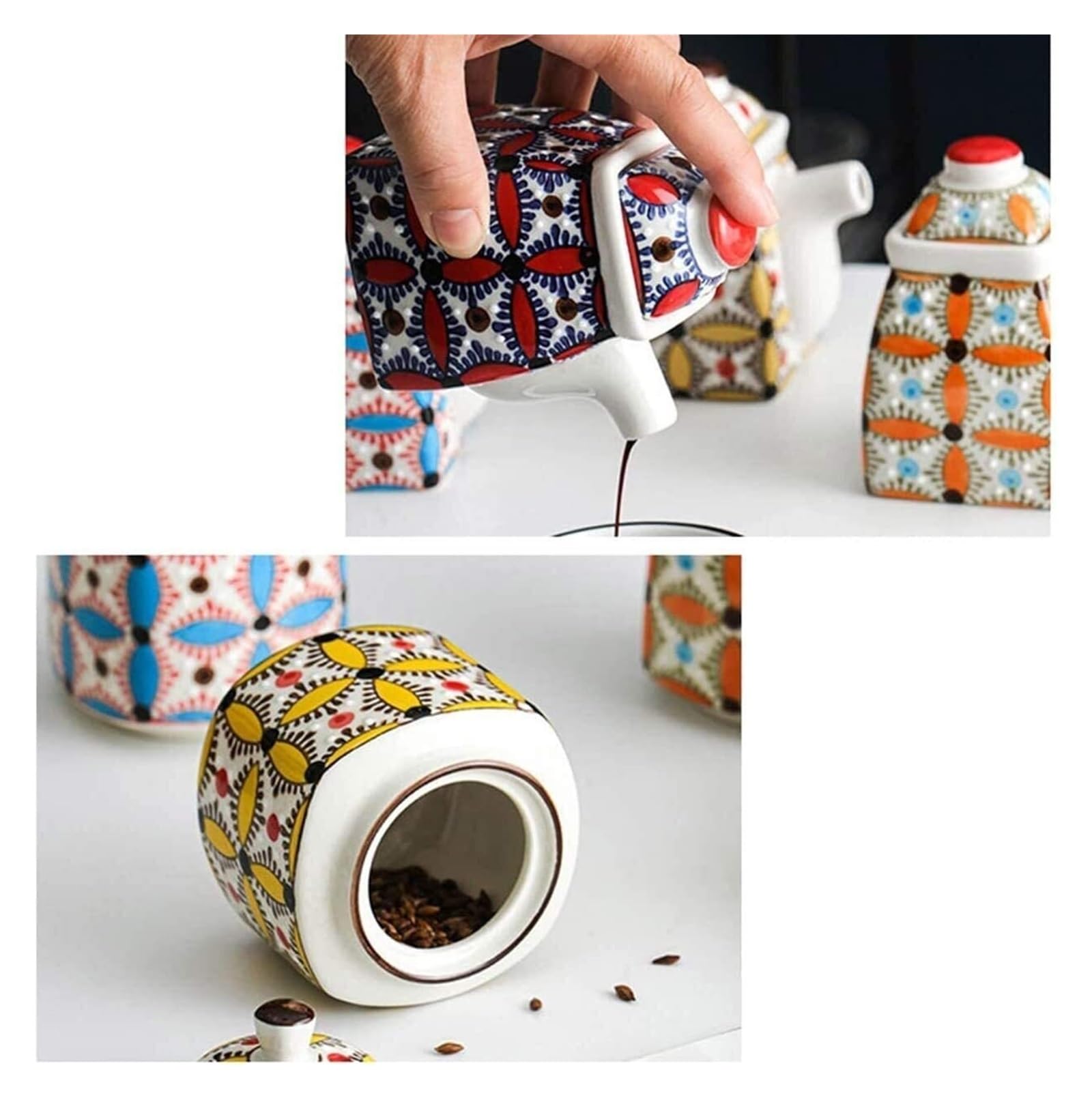 Distributore di Olio e aceto in Bottiglie di Ceramica per aceto, Bottiglia/Barattolo per Salsa di soia, aceto/Olio d'oliva/salsiere per condimenti (Rosso)