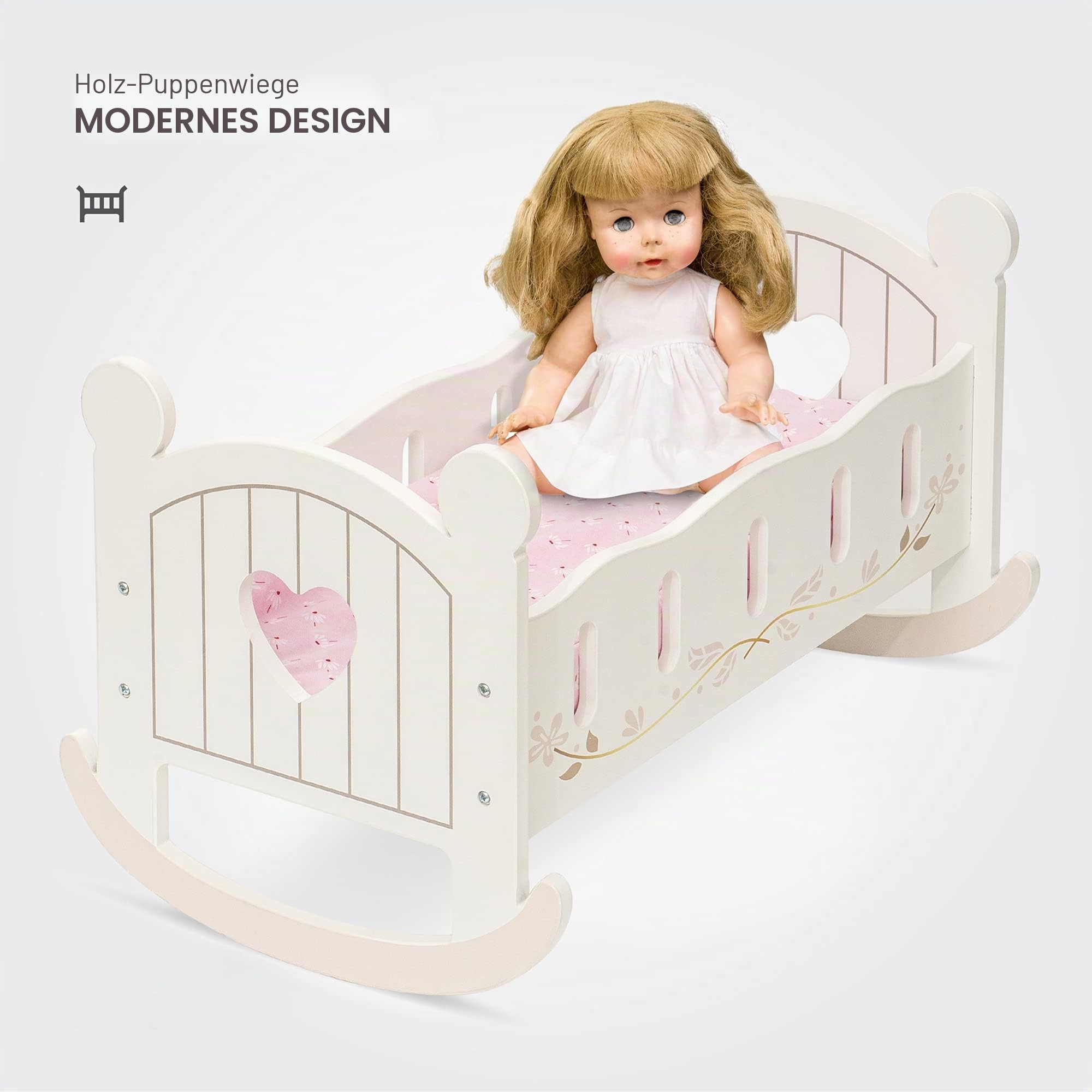 ROBUD Puppenbett Holz für 45 cm Puppen, Baby Puppenzubehör Puppen Bett Puppenwiege Puppen Zubehör mit Puppenbettwäsche, Holz Spielzeug Geschenke für Kleinkinder Kinder