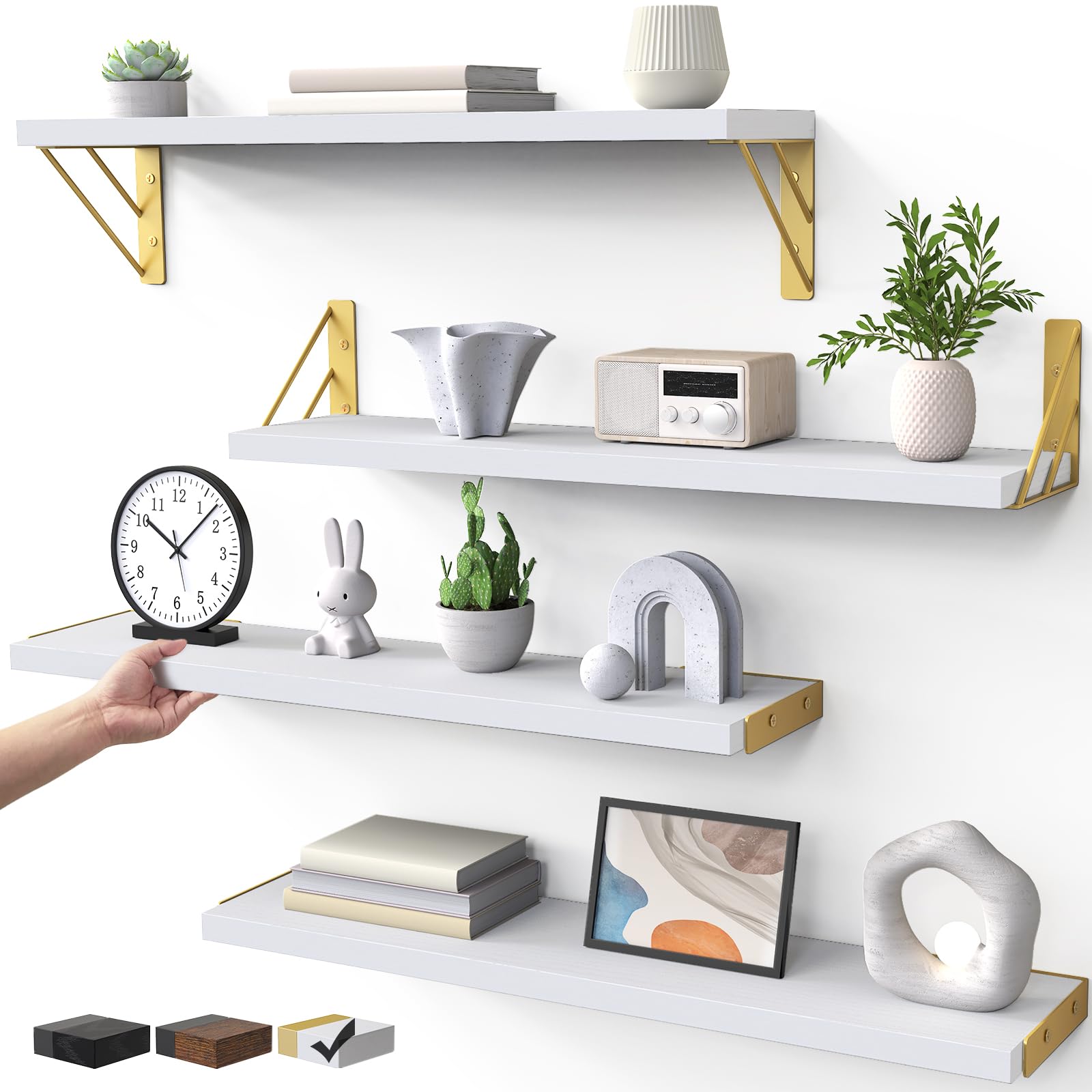 bayka wall shelves for bedroom decor, floating wall shelf for living room kitchen storage, mounted rustic wood shelves for kids books, corner shelf for bathroom(white and goldï¼Œ23inï¼Œset of 4)