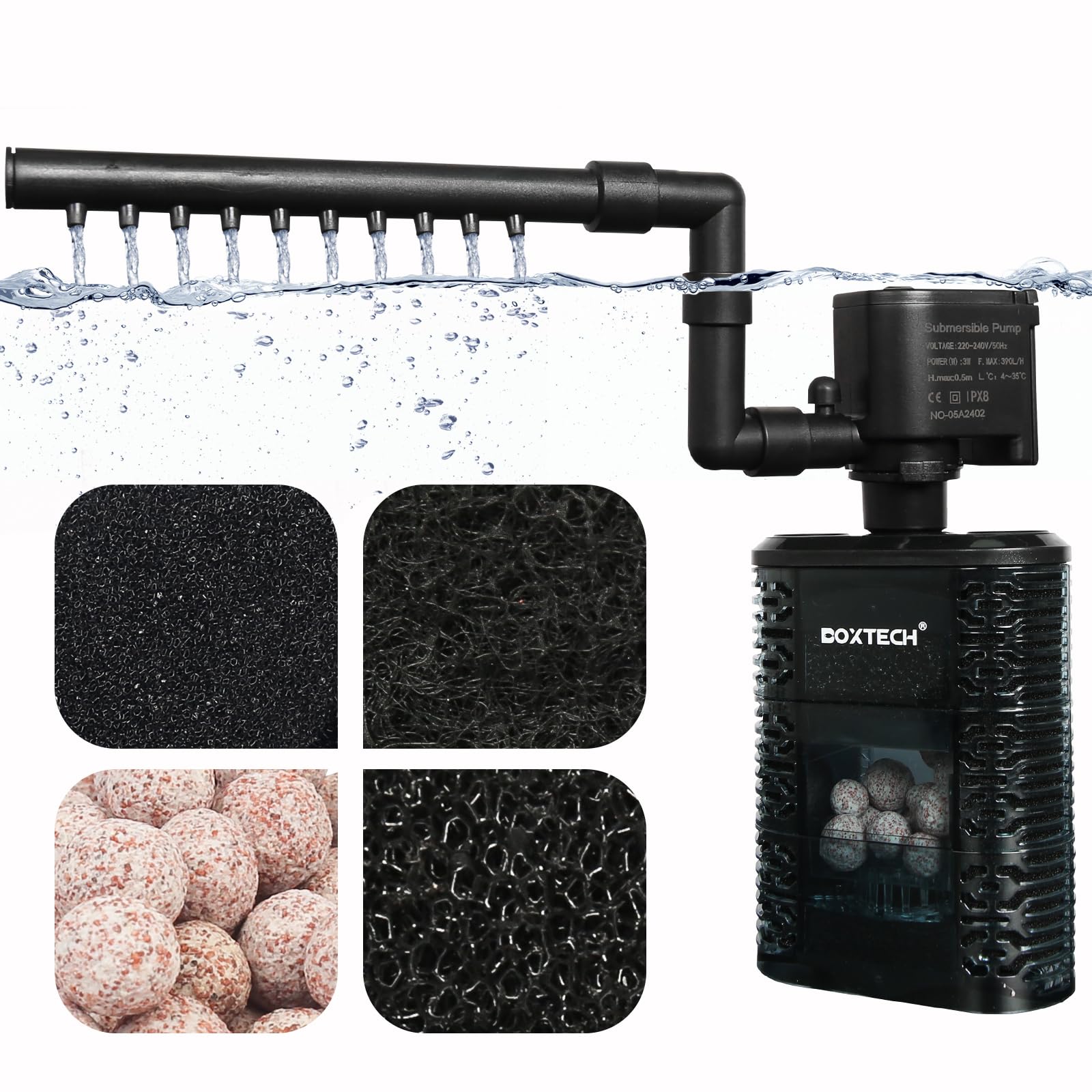 boxtech Filtre Interne Réglable pour Aquarium, Filtre Submersible Silencieux 390L/H pour Aquarium de 30 à 45 cm
