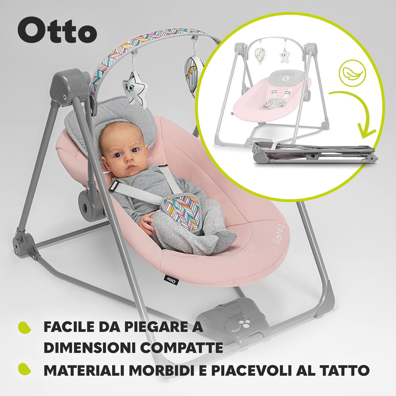 lionelo Otto Dondolo per Neonato e Bambini fino a 9kg Sdraietta con Giocattoli 5 Velocità Suoni Rilassanti Della Natura Altalena Portatile e Pieghevole Cinture a 5-punti Cavo di USB, Grigio