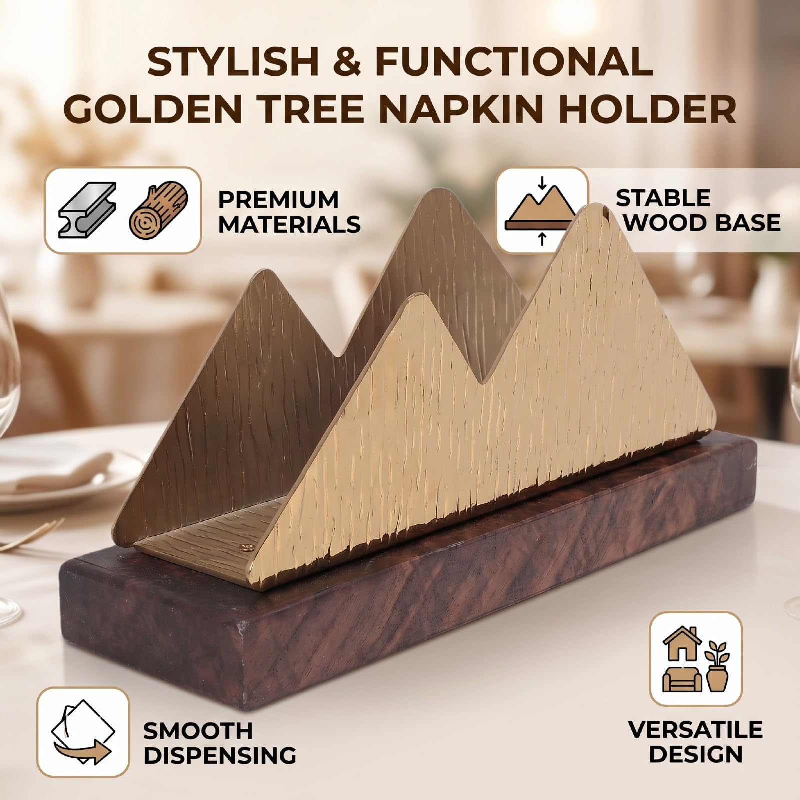 GOWENIC Servilletero de Acero Inoxidable, Elegante Dispensador de Pañuelos Dorado, Organizador para Cocina, Comedor, Cafetería, Base de Madera Maciza, Tamaño 7,48x2,36x3,54 Pulgadas (doble joroba)