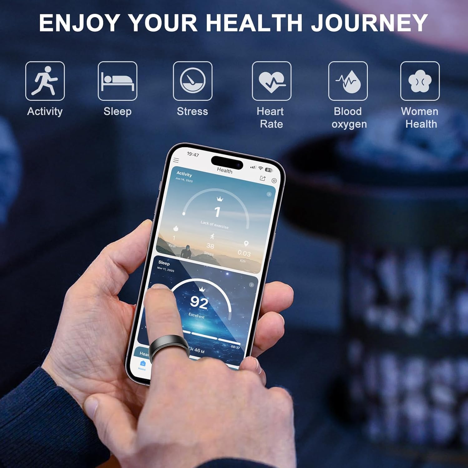 Smart Ring for Women Men,Fitness Tracker Ring with Sleep Monitor,Heart Rate,Blood Oxygen,Steps,Calories Tracker,IP68 Waterproof Smart Rings,5-7 Days Battery Life for iOS Android,No App Fee（Black,7）