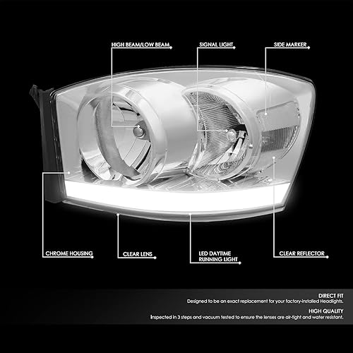 Miniatura 9 de DNA MOTORING HL-LB-DR06-CH-AM - Faros delanteros cromados ámbar, haz alto y bajo con barra de luz LED de repuesto compatible con Dodge Ram 1500