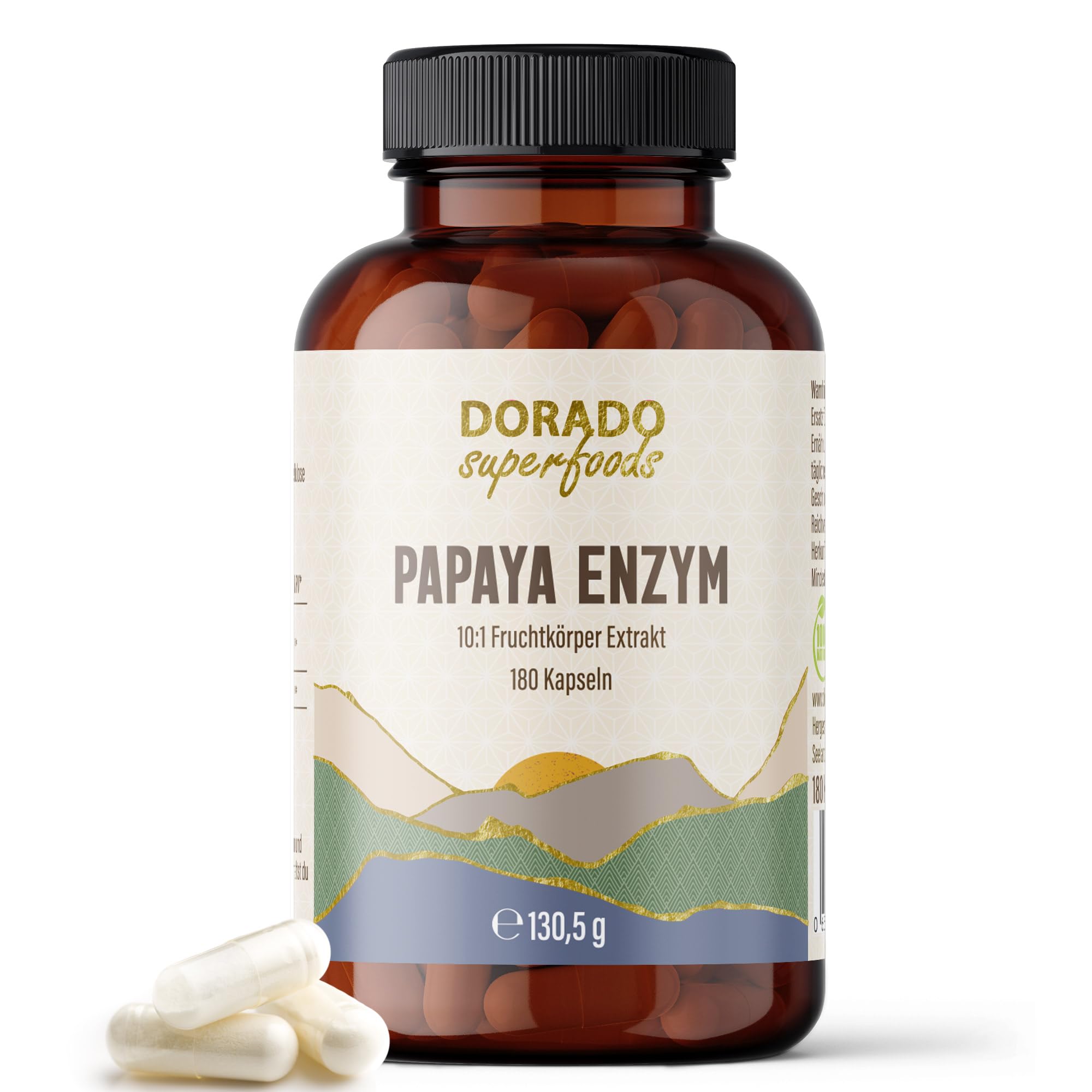 Papain Enzym Kapseln 100.000 u/g aus 10:1 Papaya Extrakt | 180 Stück – 1250 mg pro Tagesdosis (aus 12.500 mg Papaya !) | 3 Monatsvorrat Vegan – Dorado Superfoods®