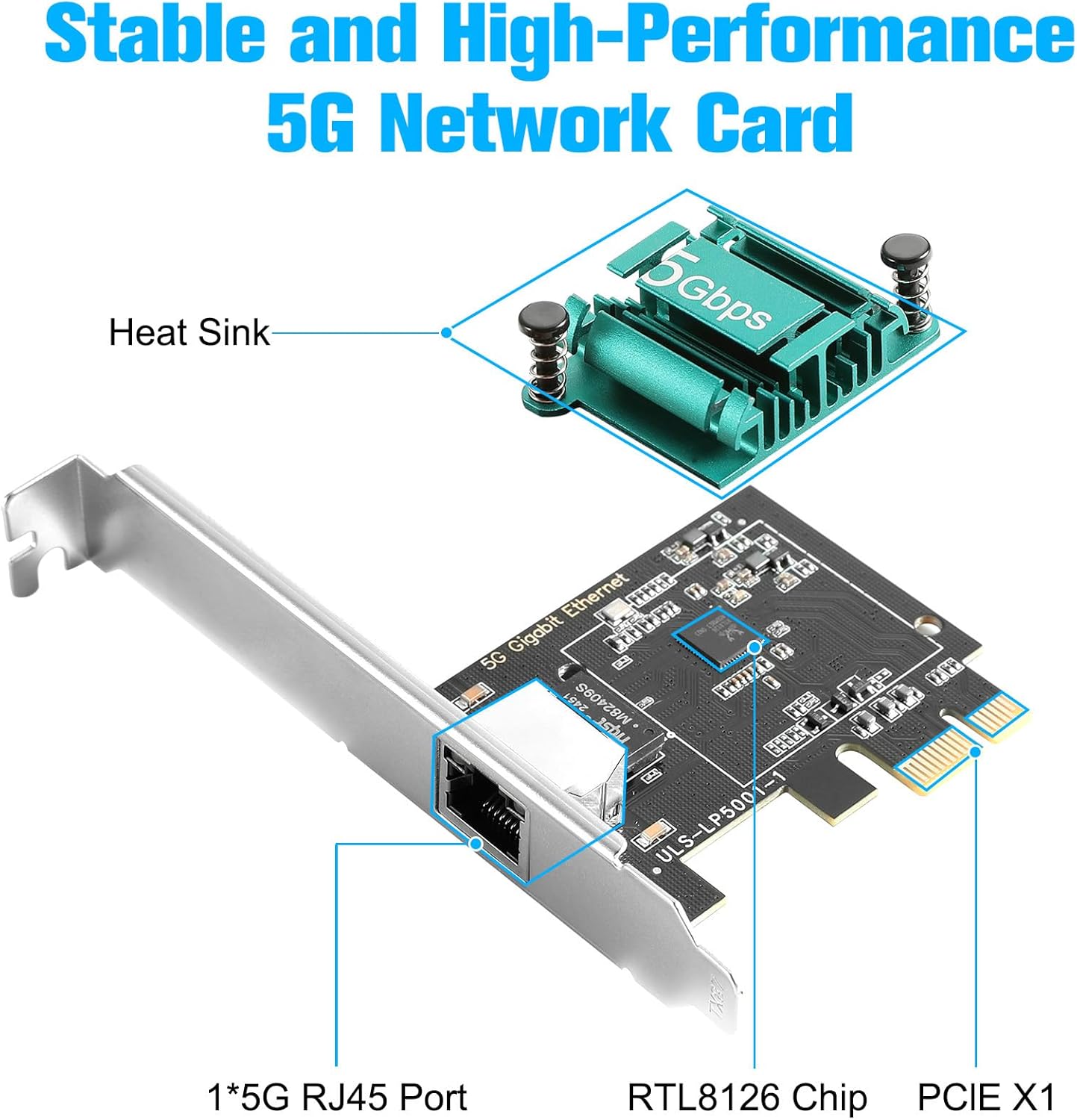 5Gb PCIe Network Card,PCIe to 5Gb Ethernet Card NIC with Extra Low-Profile Bracket,PCI Express Network Adapter for PC Windows 11/10/8.1/8/7, Win Server 2022/2019/2016,Linux