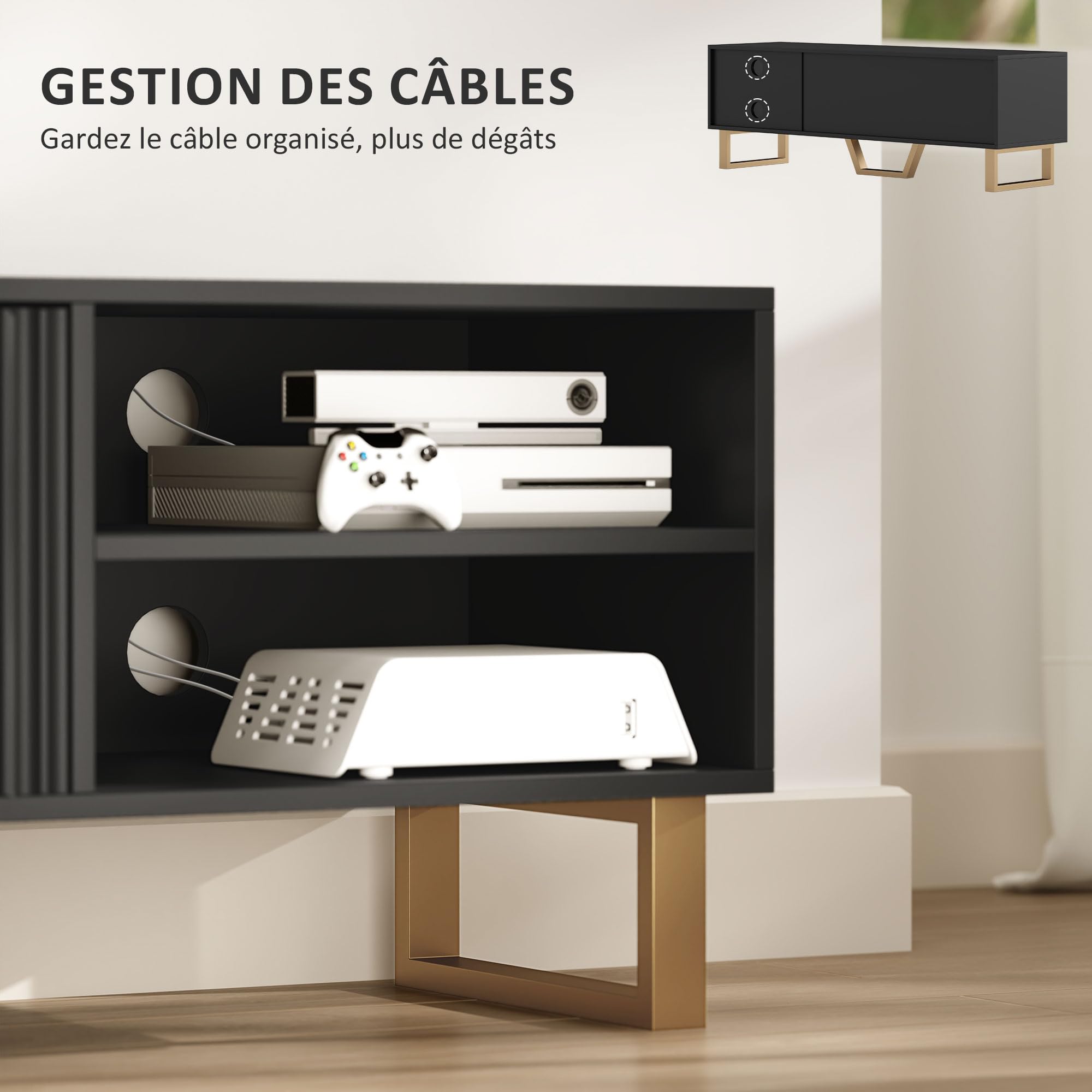 HOMCOM Meuble TV Bois Jusqu'à 70 Pouces 2 Portes 140 x 39 x 47 cm Noir