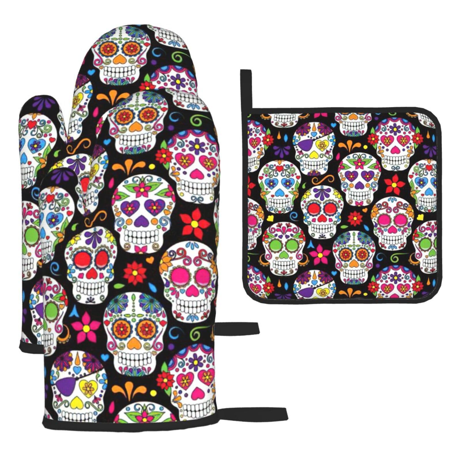 Sugar Skulls Print Oven Kitchen Gloves For Baking Outdoor Grilling Home Use Mitts Microwaving Bbq