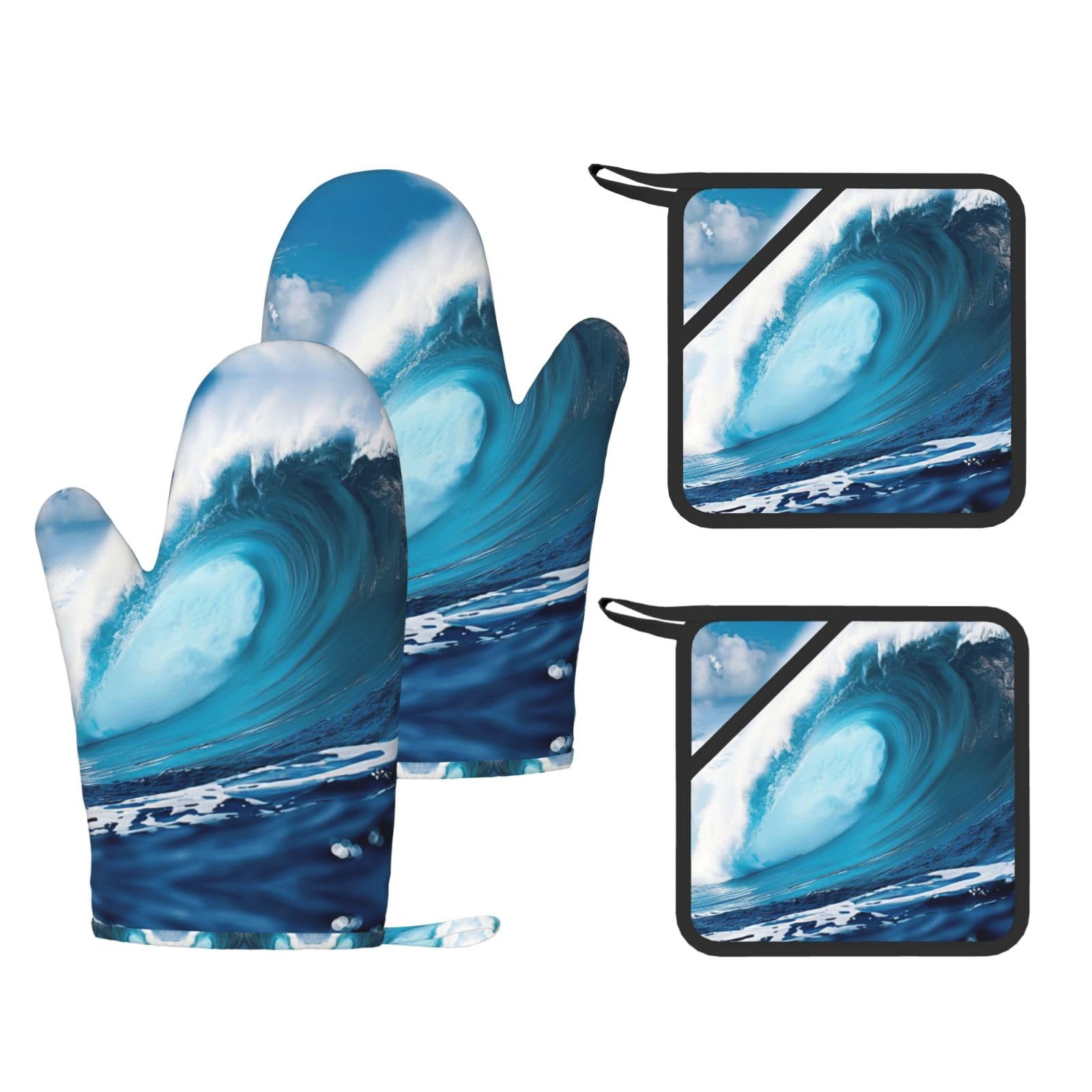 Big Ocean Wave HD Stylish Printed Kitchen Set Including Heat Resistant Gloves and Non-Slip Hot Pads for Cooking BBQ