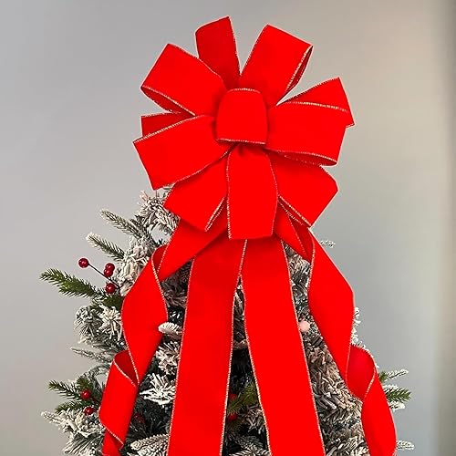 Miniatura 7 de Lazos grandes de Navidad, 2 unidades, lazos de terciopelo rojo con alambre dorado con colas largas para corona floral, decoración del árbol de