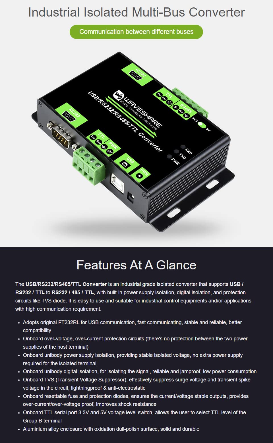 Waveshare USB/RS232/RS485/TTL Industrieller Isolierter Multi-Bus Konverter Unterstützt die Kommunikation Zwischen Verschiedenen Bussen, mit Schutzschaltungen