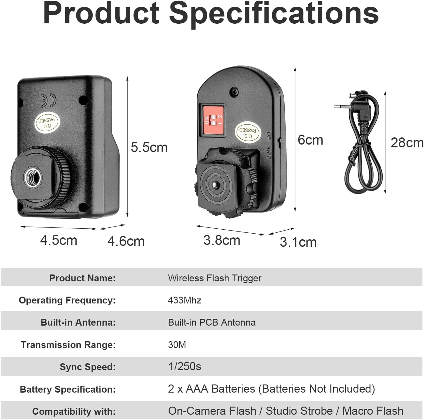 FOMITO PT-04 Universal Wireless Flash Trigger, 30m Triggering Range, 1/250s Sync Speed, 4 Anti-Interference Channels, with PC Sync Port