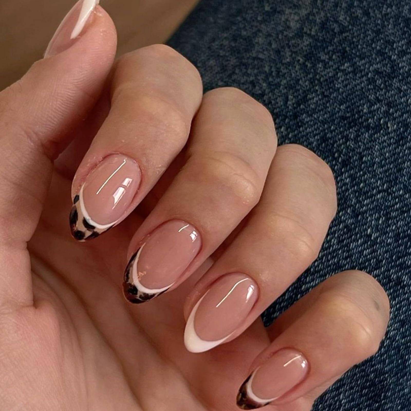 French Tip Press on Nails Short Almond Fake Nails with Designs Leopard Glue on Nails White Acrylic False Nails Reusable Artificial Nails Glossy Full