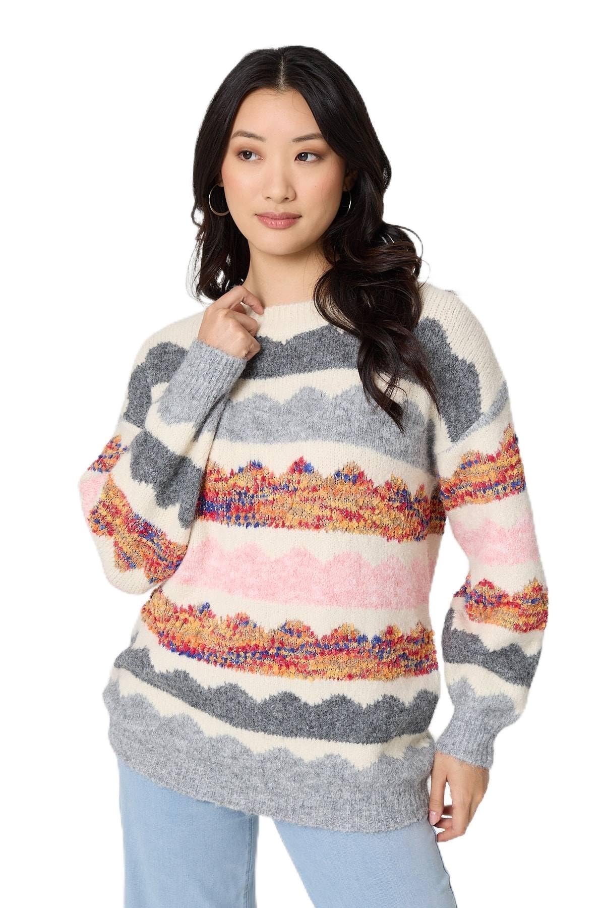 Izabel London Striped Texture Oversized Jumper for Women UK with Drop Shoulders and a Thigh Length Hem. White