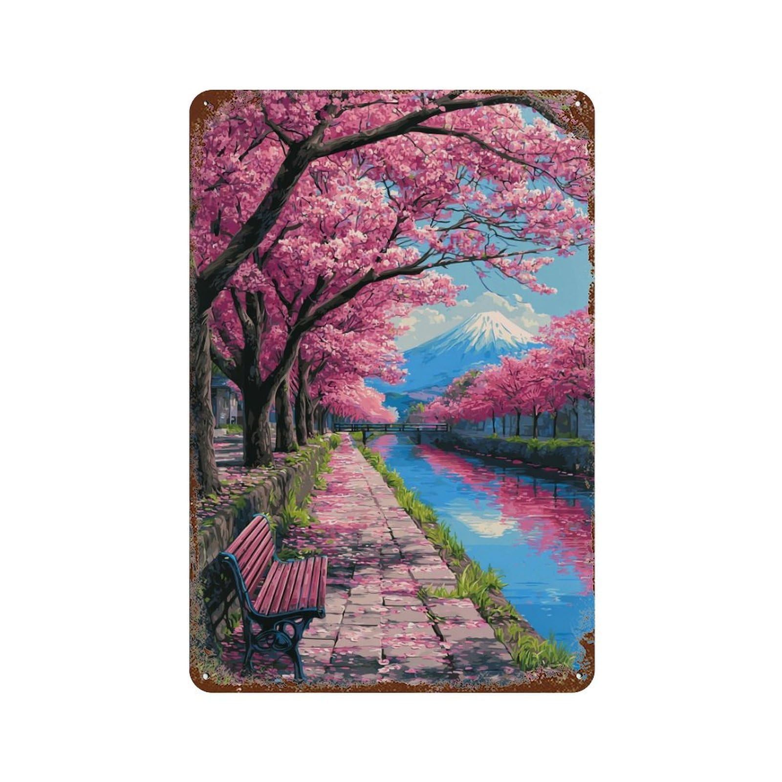 Rust Effect Cherry Blossom Pathway Scene-6 Aged Metal Wall Plaque 11.8"x7.9", Shabby Chic Decor for Living Room, Hallway And Home Decor