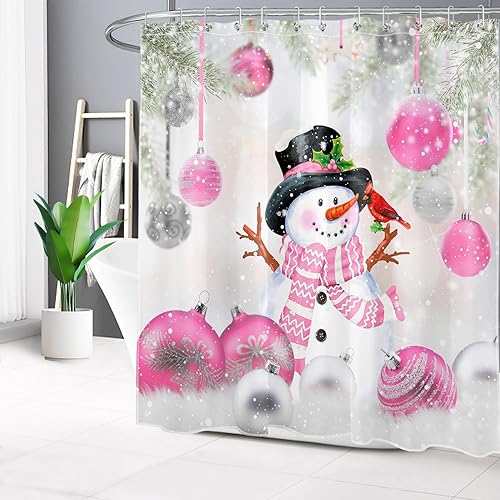 Miniatura 2 de Cortina de ducha de Navidad rosa para baño, bolas de Navidad y muñeco de nieve con cardenal rojo en la nieve, cortina de ducha con 12 ganchos,
