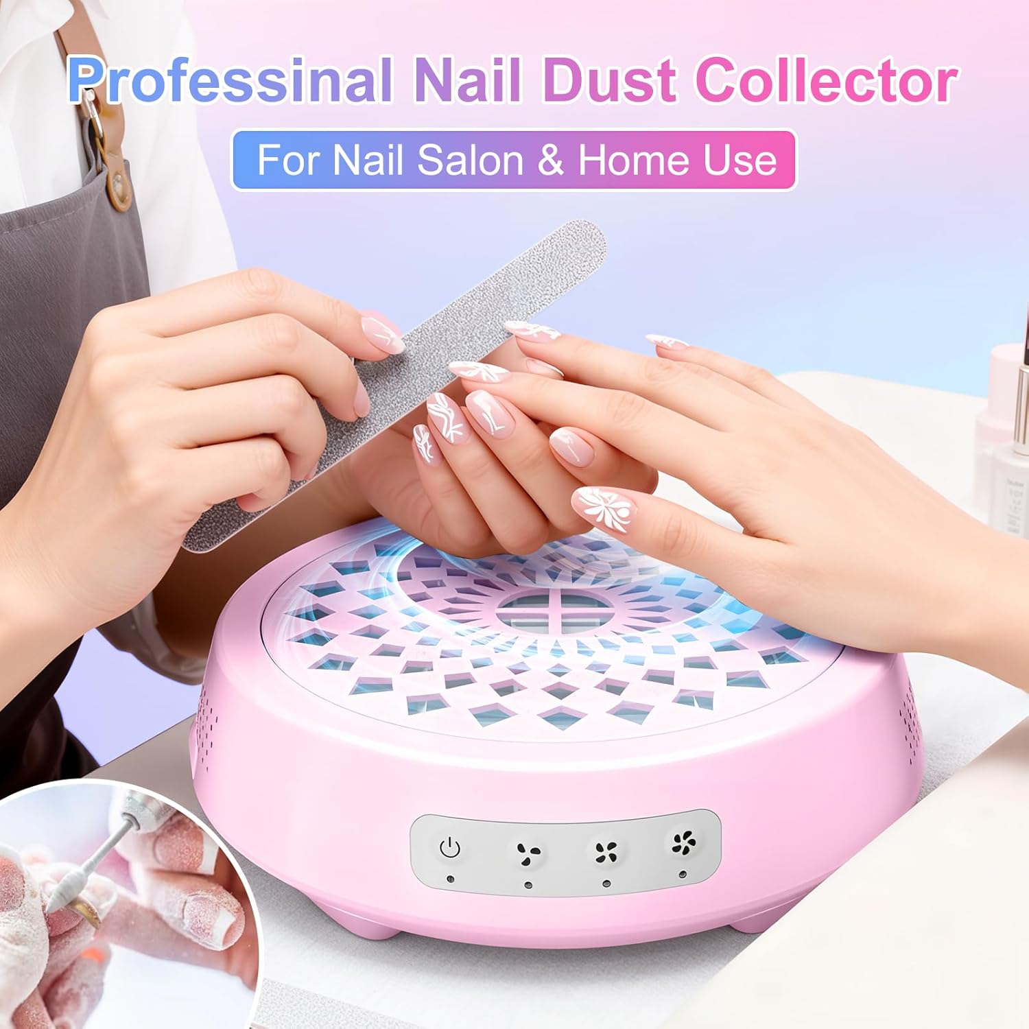Professional Nail Dust Collector, Quiet Nail Vacuum Cleaner Machine with Reusable Filter, Powerful Suction Nail Tech Dust Fan for Acrylic Gel Nails Art Polishing, Manicure Pedicure Salon Home, Pink