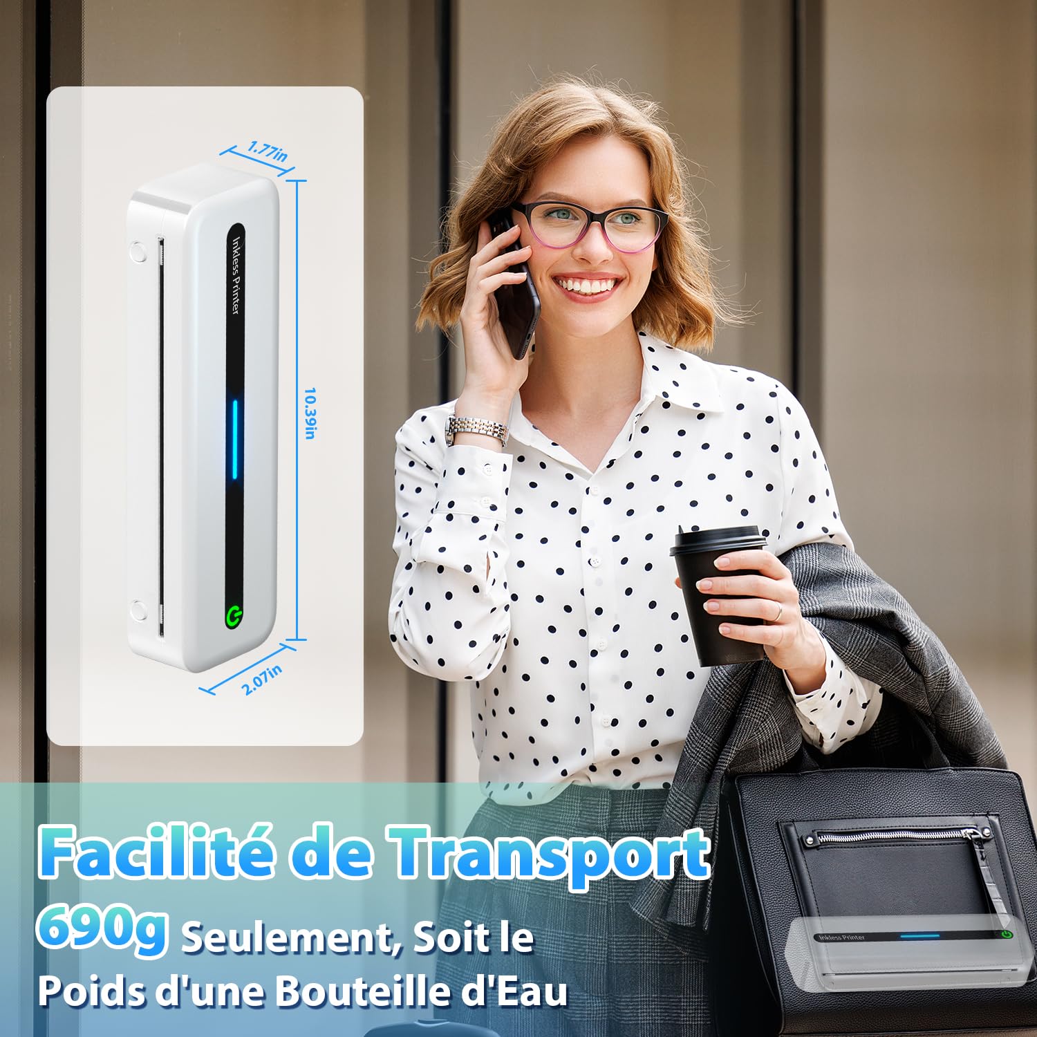 ASprink Imprimante Thermique A4 300DPI Portable sans Encre Compatible Android iOS Blanc