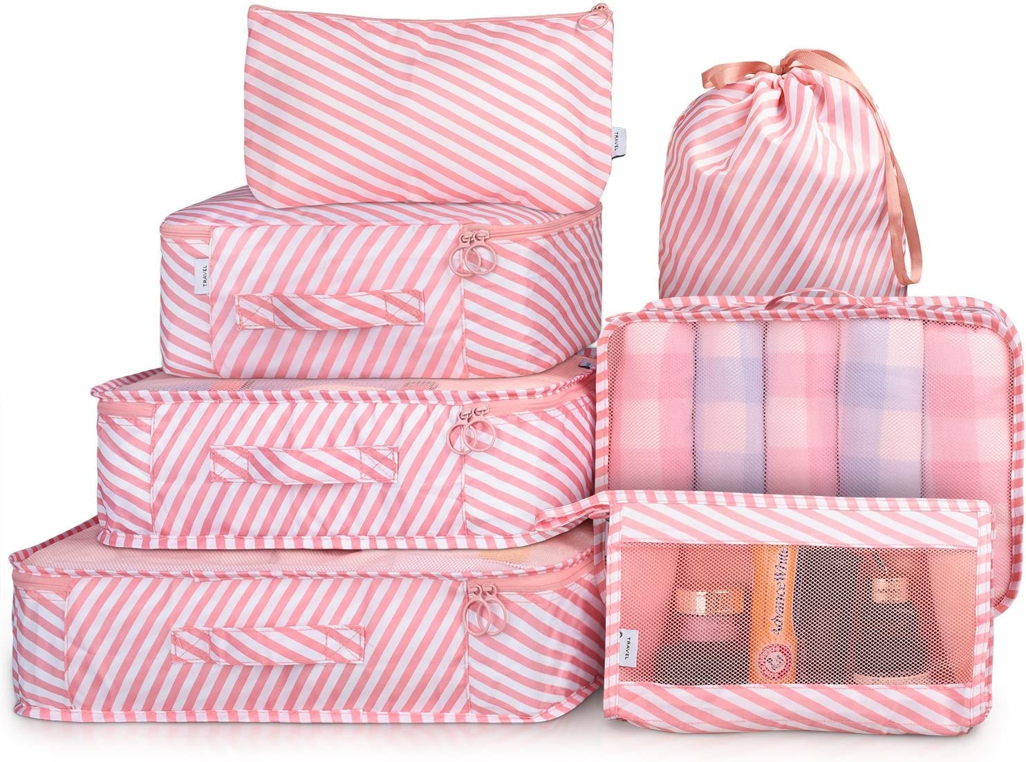House of Quirk Fabric 7Pcs Set Travel Organizer Packing Cubes Lightweight Travel Luggage Organizers With Laundry Or Toiletry Bag (Pink Stripes), 30 cm, 12 cm-image-25
