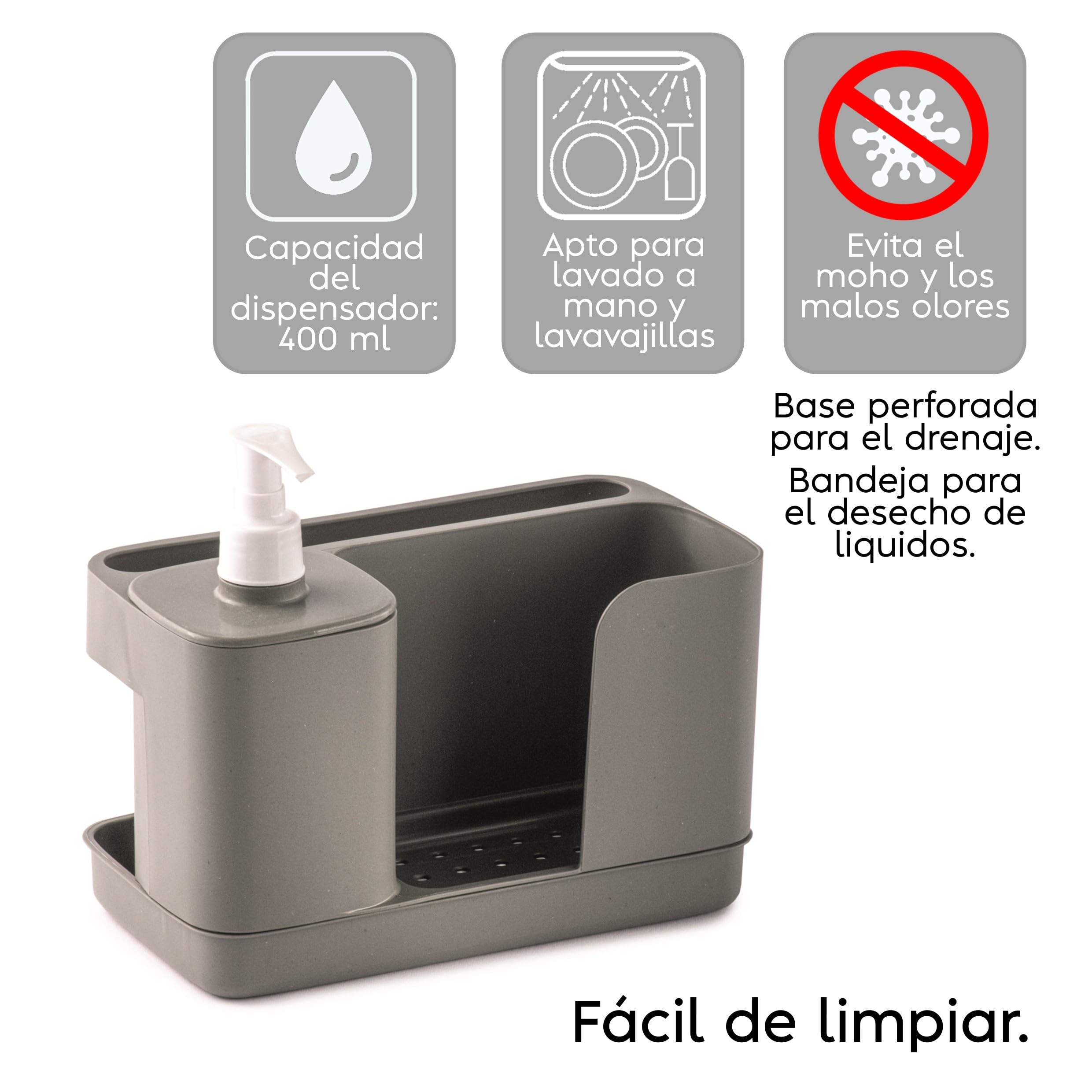 Snips Riordinello - Dispensador Jabón Baño y Cocina, Organizador Fregadero Cocina para Esponjas con Jabonera 400 ml y Soporte Estropajo Fregadero, Paños, Esponja y Bandeja 21x12x18 Made in Italy, Gris