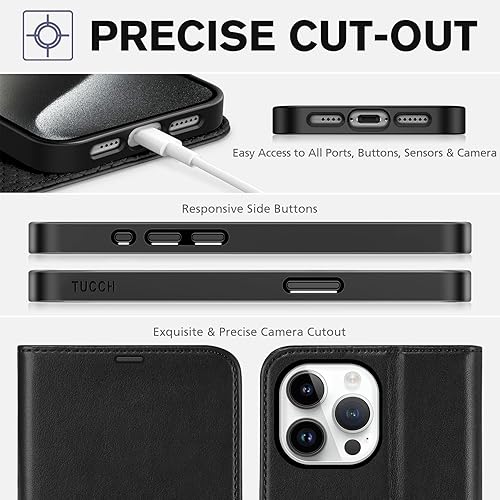 Miniatura 8 de TUCCH Funda tipo cartera para iPhone 15 Pro Max, carcasa interior de TPU a prueba de golpes, piel sintética bloqueo RFID 4 ranuras para tarjetas,