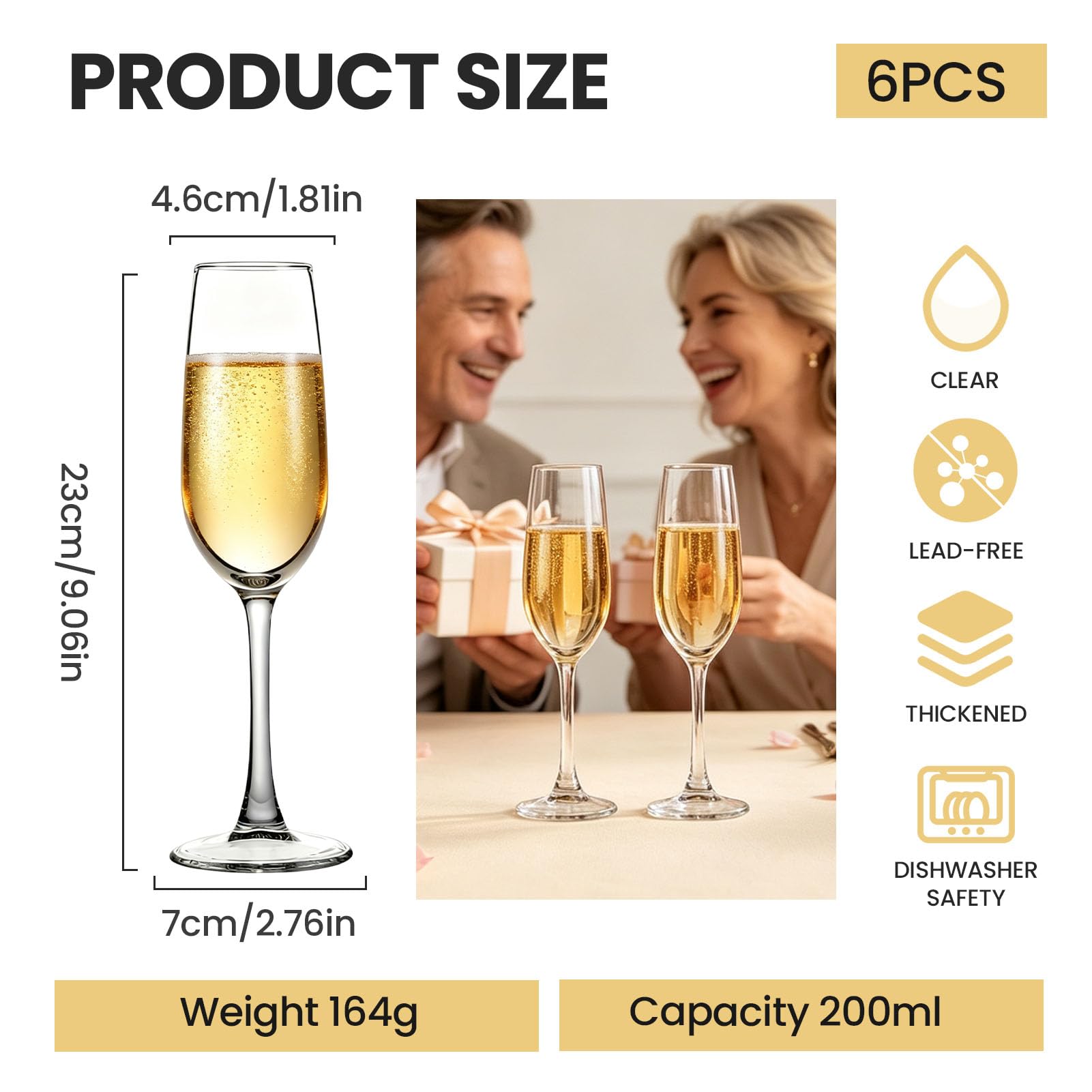 Set di 6 calici da champagne in cristallo, 200 ml, regalo per compleanno, matrimonio, Natale, bicchieri da champagne trasparenti scintillanti per donne e uomini, lavabili in lavastoviglie