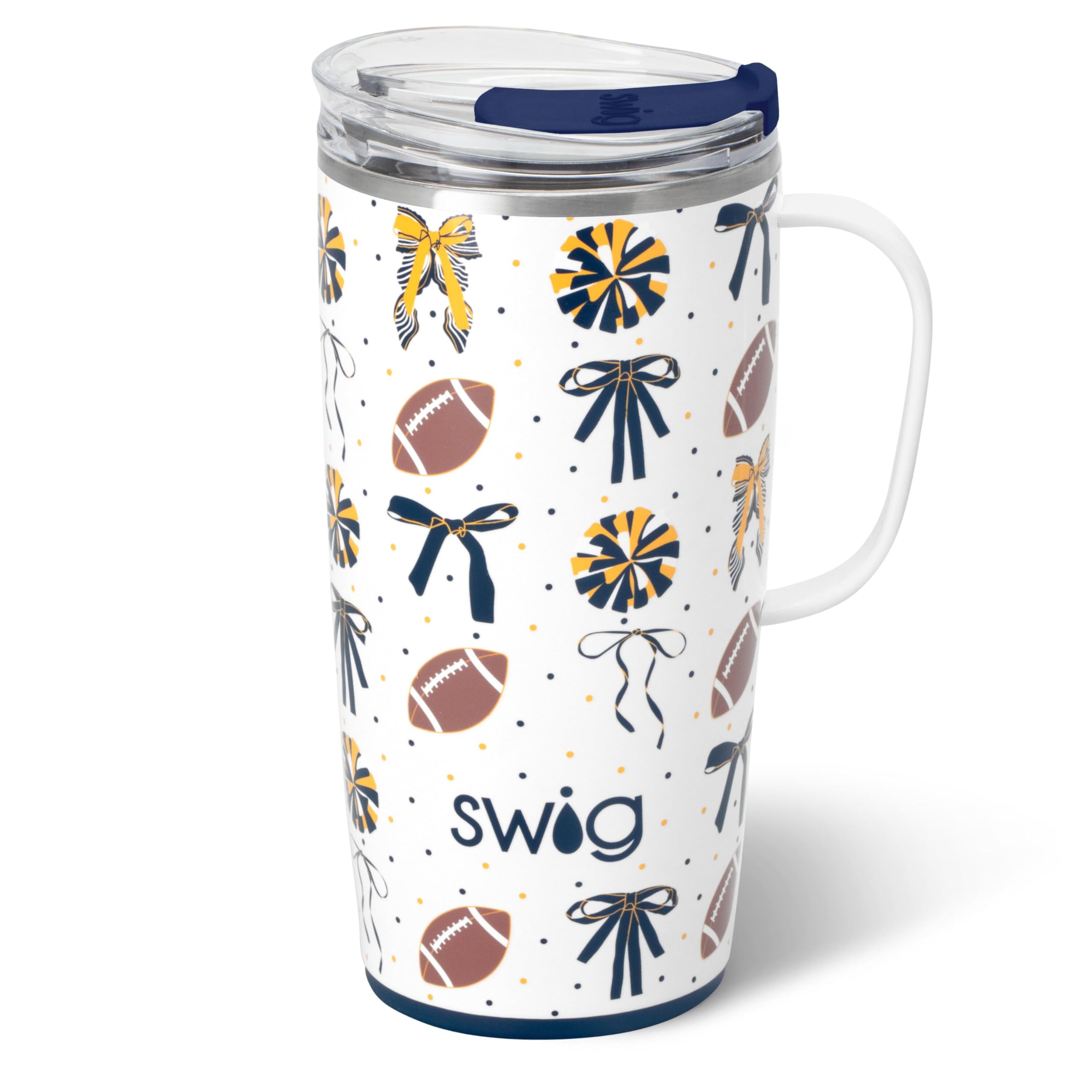 Swig Life Reisebecher, isolierter Becher mit Griff und Deckel, Reise-Kaffeetasse, Becherhalter, Edelstahl, 625 ml, wiederverwendbar, isoliert mit Deckel, 625 ml, Marineblau und Gelb