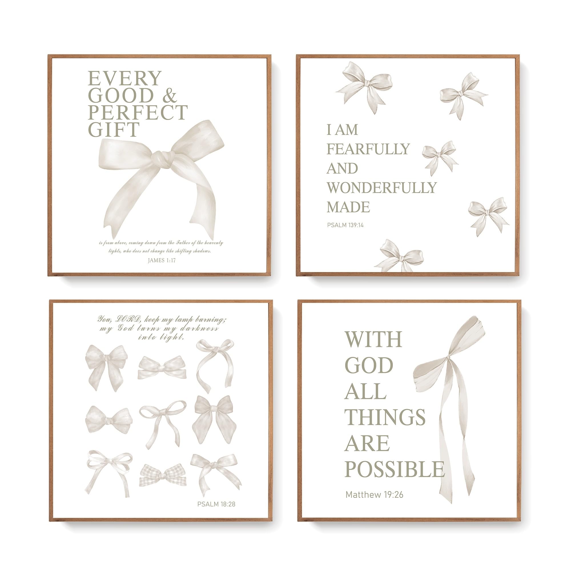 LARTSFRO Coquette Beige Bow Wall Art Decor Posters, Beige Bow Christian Room Bedroom Bathroom Dorm Wall Art Decor Aesthetic for College Teen Girls Gifts, Inspirational Bible Verses Bow Wall Decor, 10x10 Inch Set of 4 Pcs Bow Pictures (UNFRAMED)