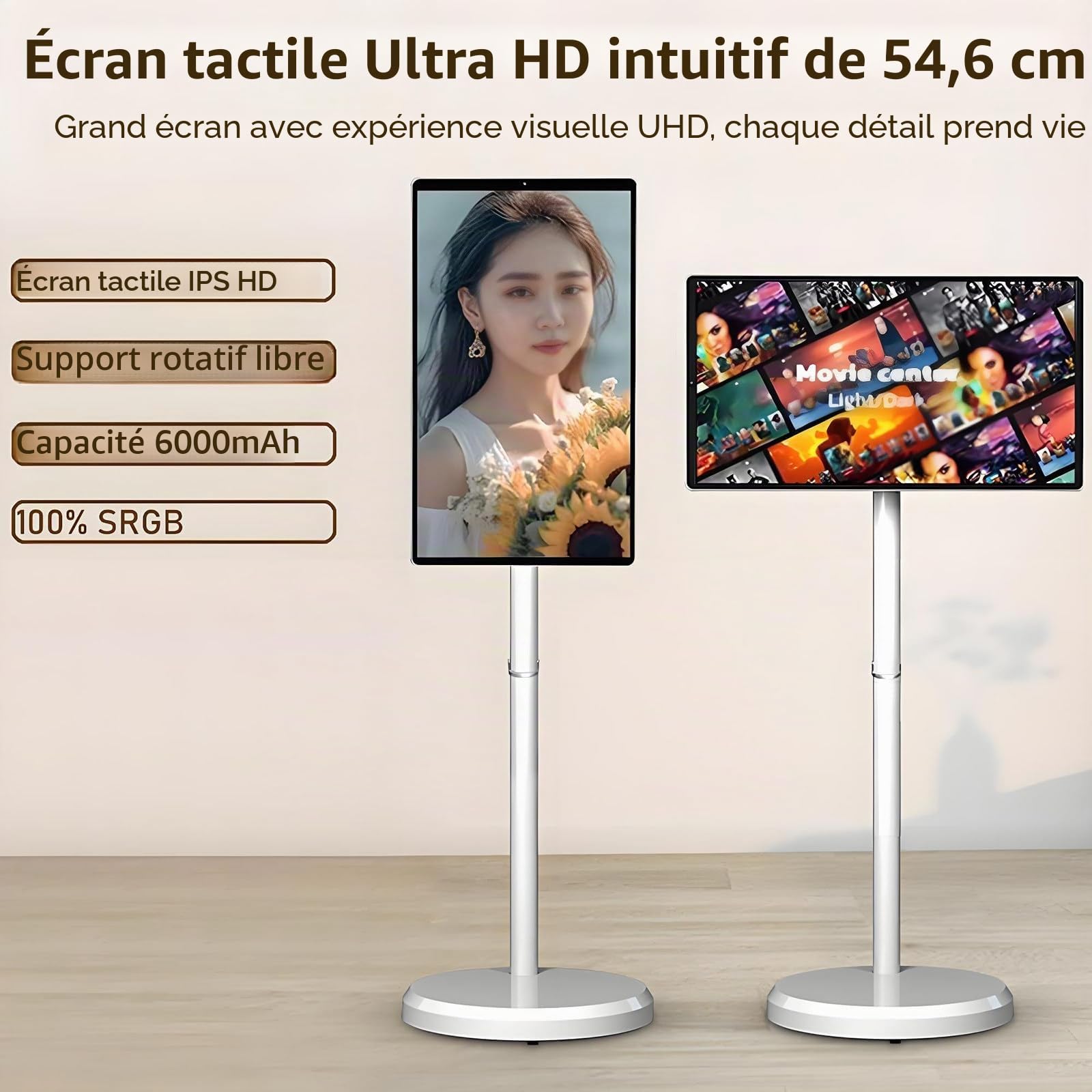 Moniteur Tactile Intelligent 21,5 Pouces, Support TV Mobile 1080p sur roulettes, Batterie Intégrée De 6000 Mah (4-6 H), Pivotant Et Rotatif, Blanc 4+64GB