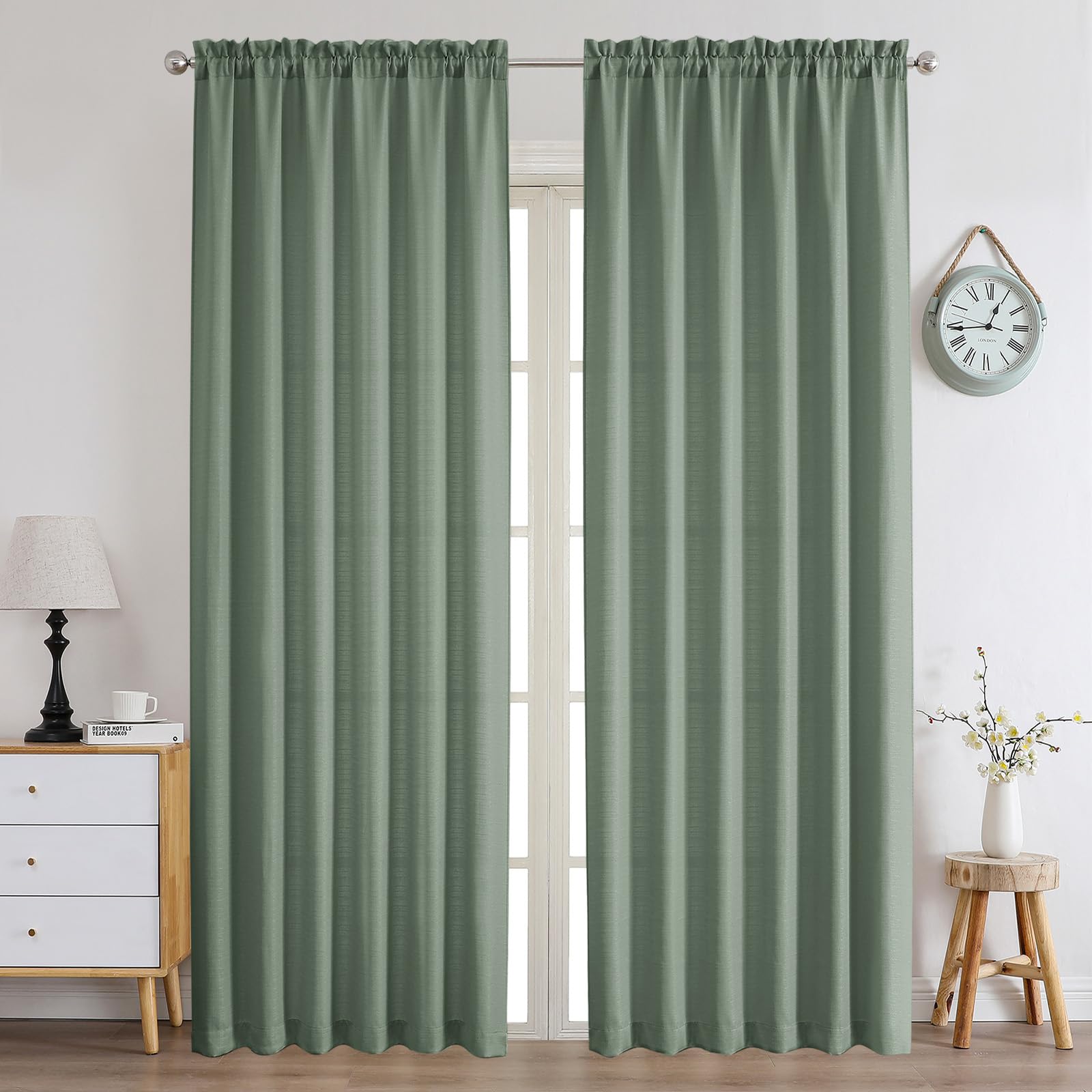 Chyhomenyc Sage Green Curtains 96 Inch Length 2 Panels Set, Faux Linen Textured Semi Light Filtering Soft Airy Farmhouse Window Curtain Drapes for Living Room Bedroom, 50Wx96L — image 1