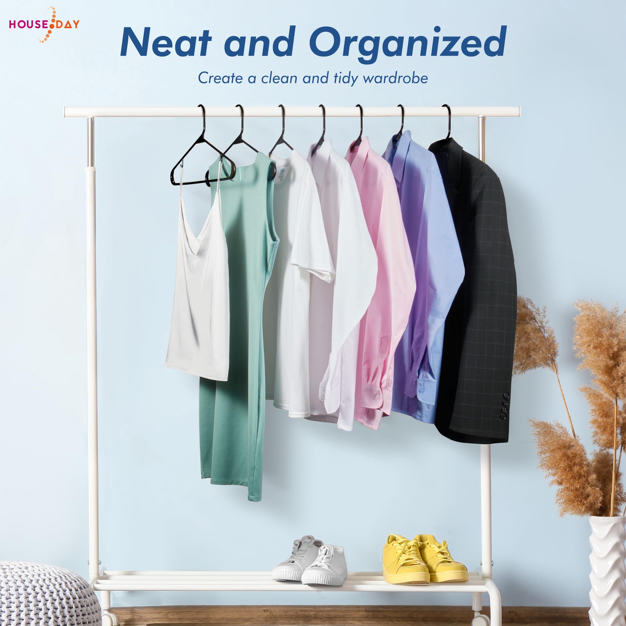 HOUSE DAY Plastic Hangers 20 Pack, Space Saving Clothes Hangers with Built-in Hooks, Durable & Strong Closet Organizers and Storage, Dorm Room Essential, Perfect for Shirts, Coat, Pants, Dress - Black