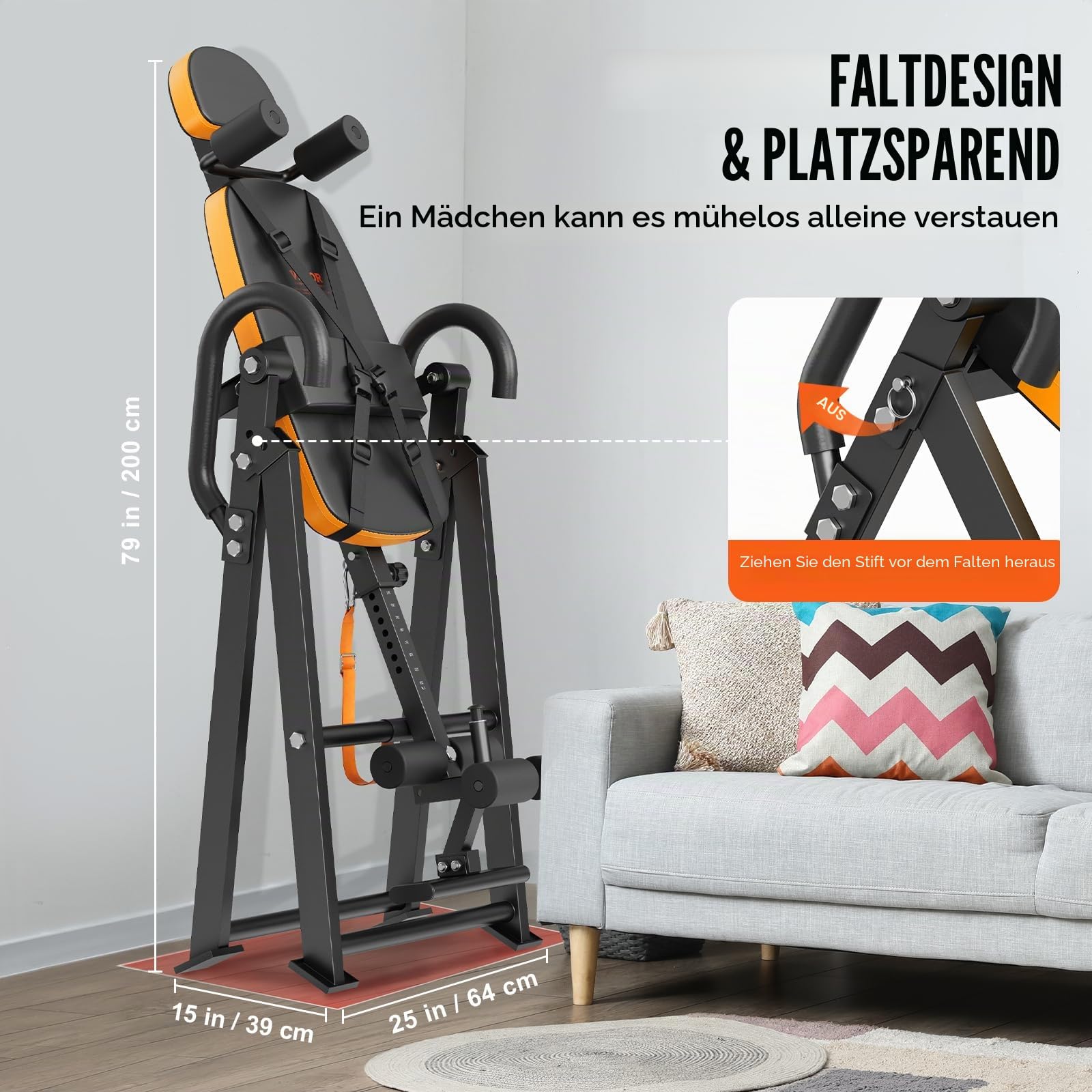 VEVOR Inversionstisch Inversionsbank, 136 kg belastbar, Multifunktionsgerät Rückentrainer, klappbares Krafttrainingsgerät mit Kopfstütze, Knöchelverriegelung, verstellbarem Schutzgurt, Orange/Schwar