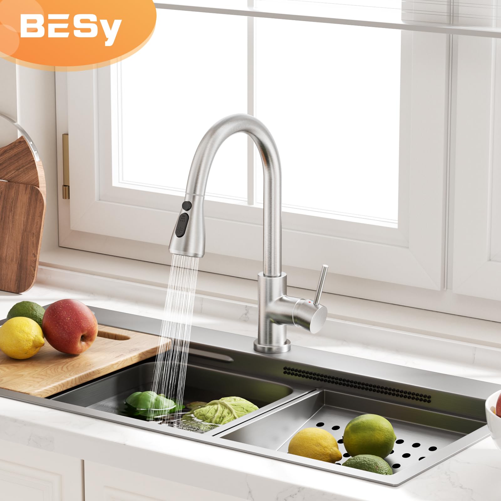 BESY Grifo de Cocina con Pulverizador Extraíble, Níquel Cepillado | Apto para 1 o 3 Agujeros, Cuerpo de Latón, Mango de Arco Alto, Commercial Grifo para Fregadero de Cocina